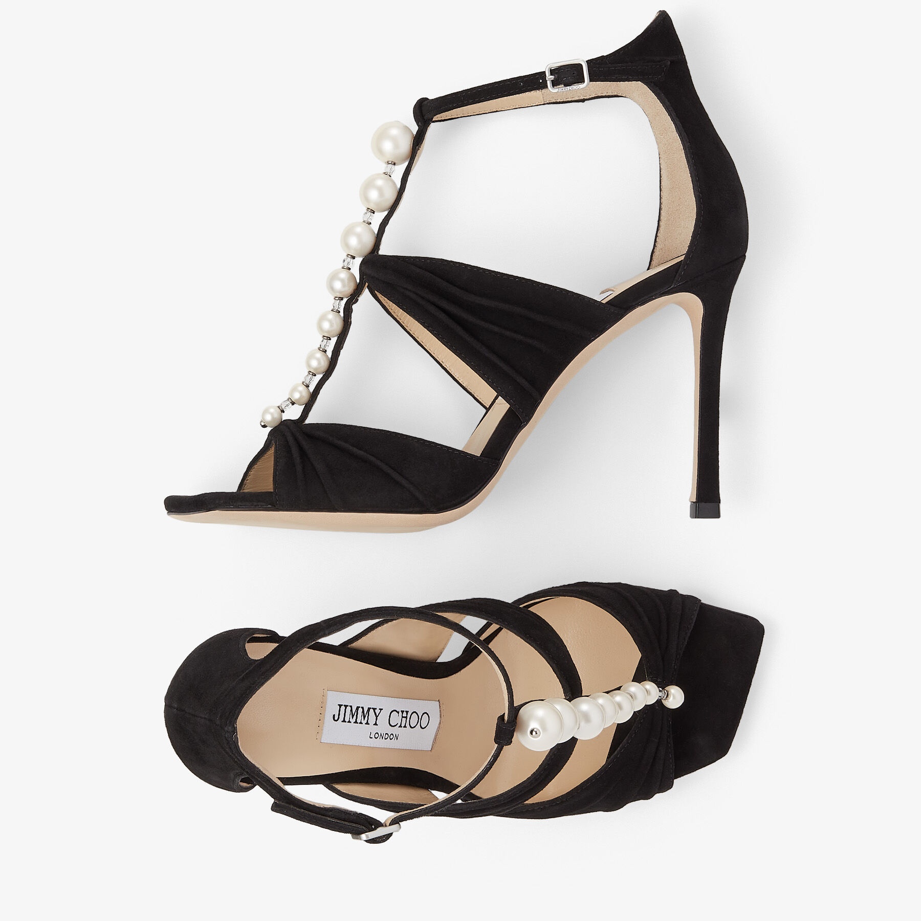 Jimmy Choo Aura Black Suede Sandals With Pearls And Crystals