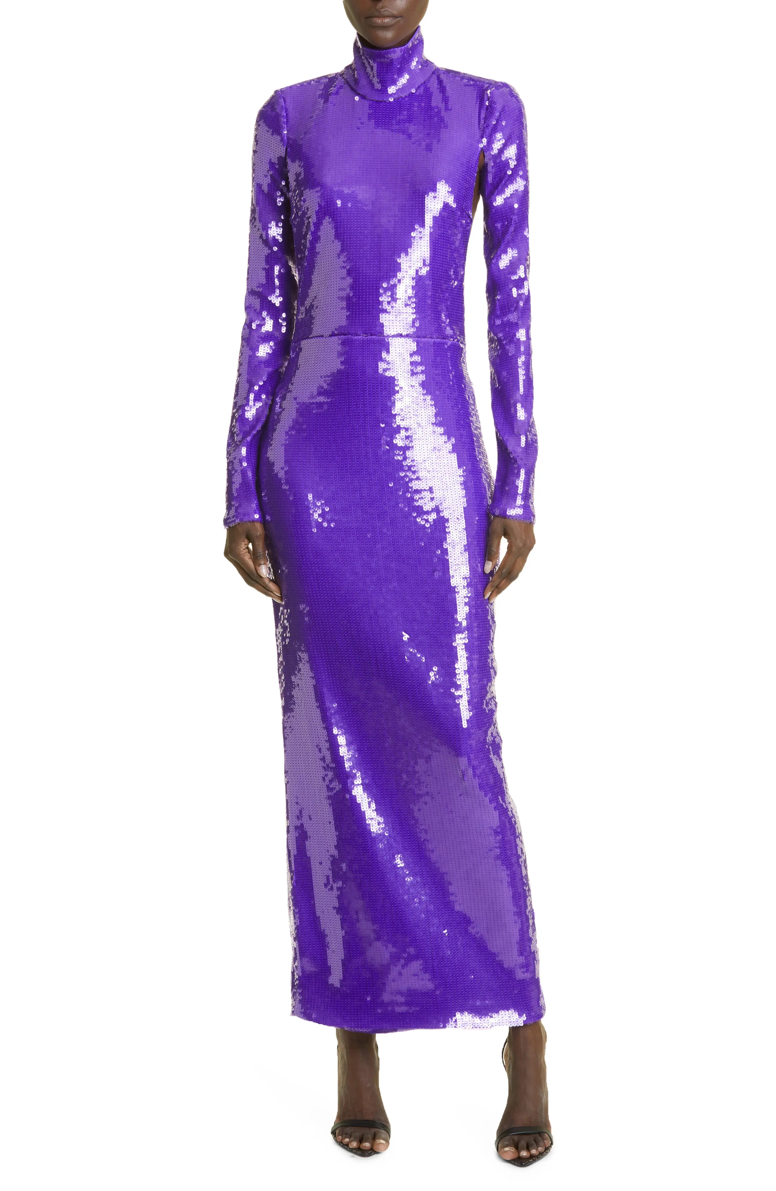 Laquan Smith Sequin Mock Neck Long Sleeve Cutout Column Gown Reversible