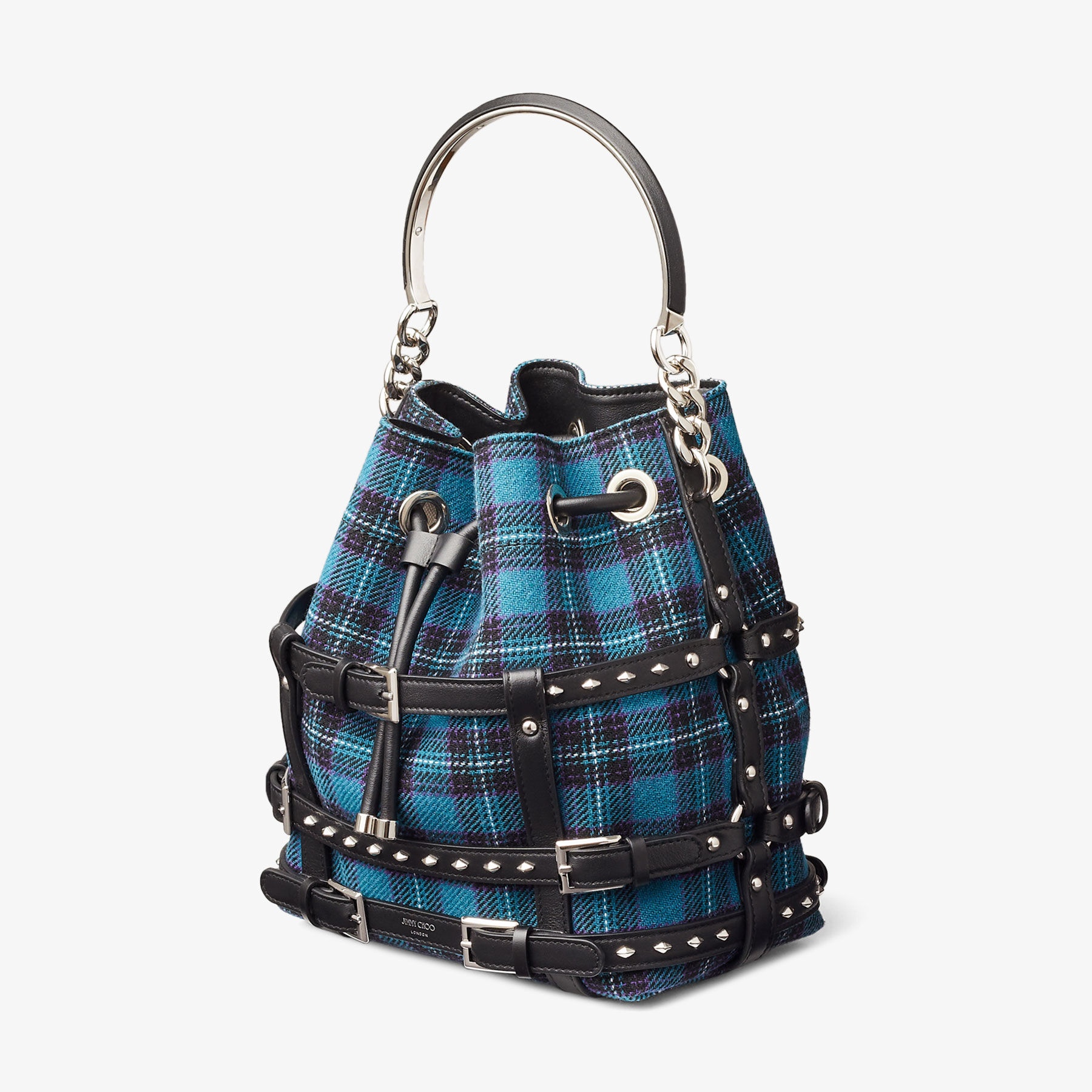 JIMMY CHOO Bon Bon Bucket Peacock Fabric And Calf Leather Bucket Bag