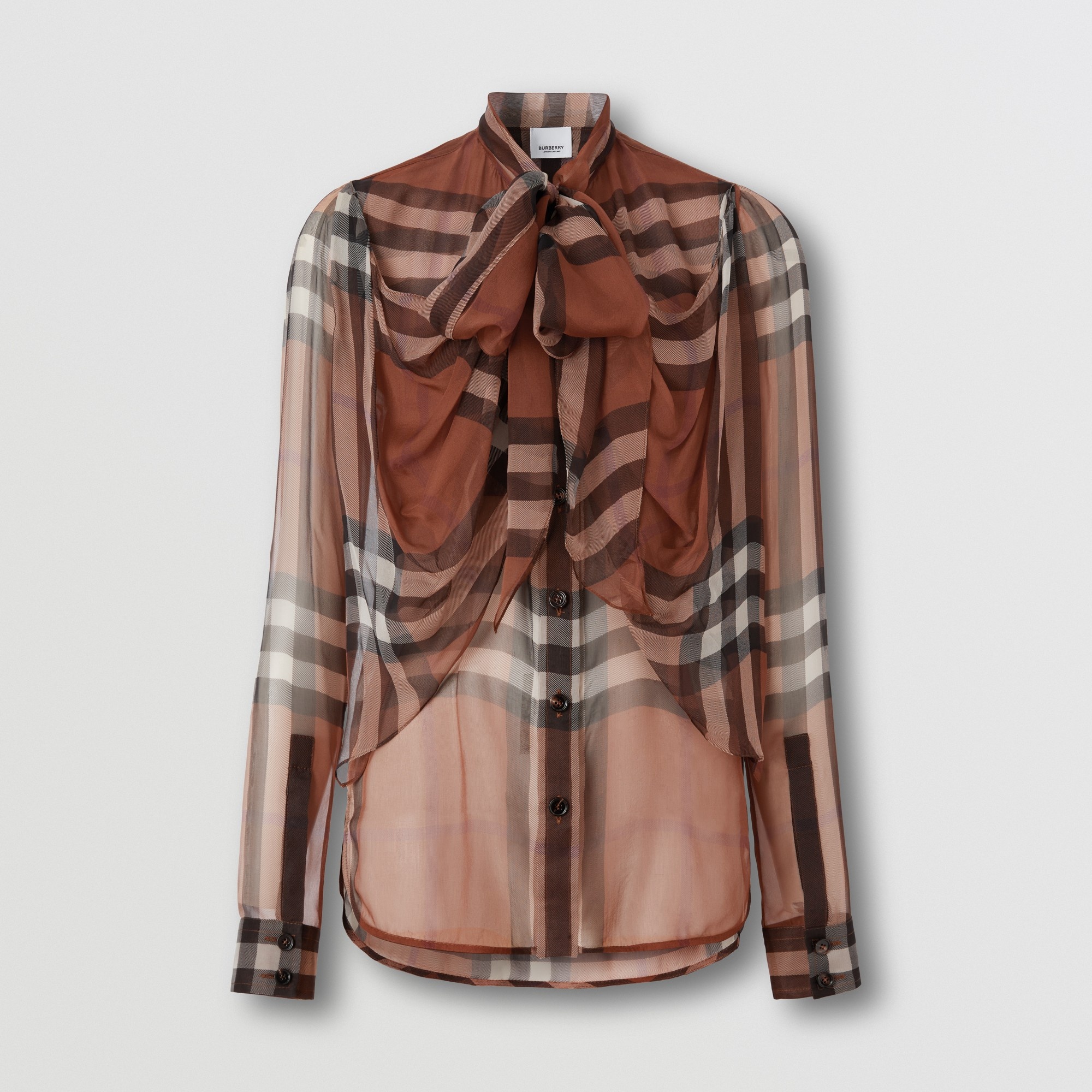 Burberry Check Print Silk Chiffon Pussy Bow Blouse Reversible