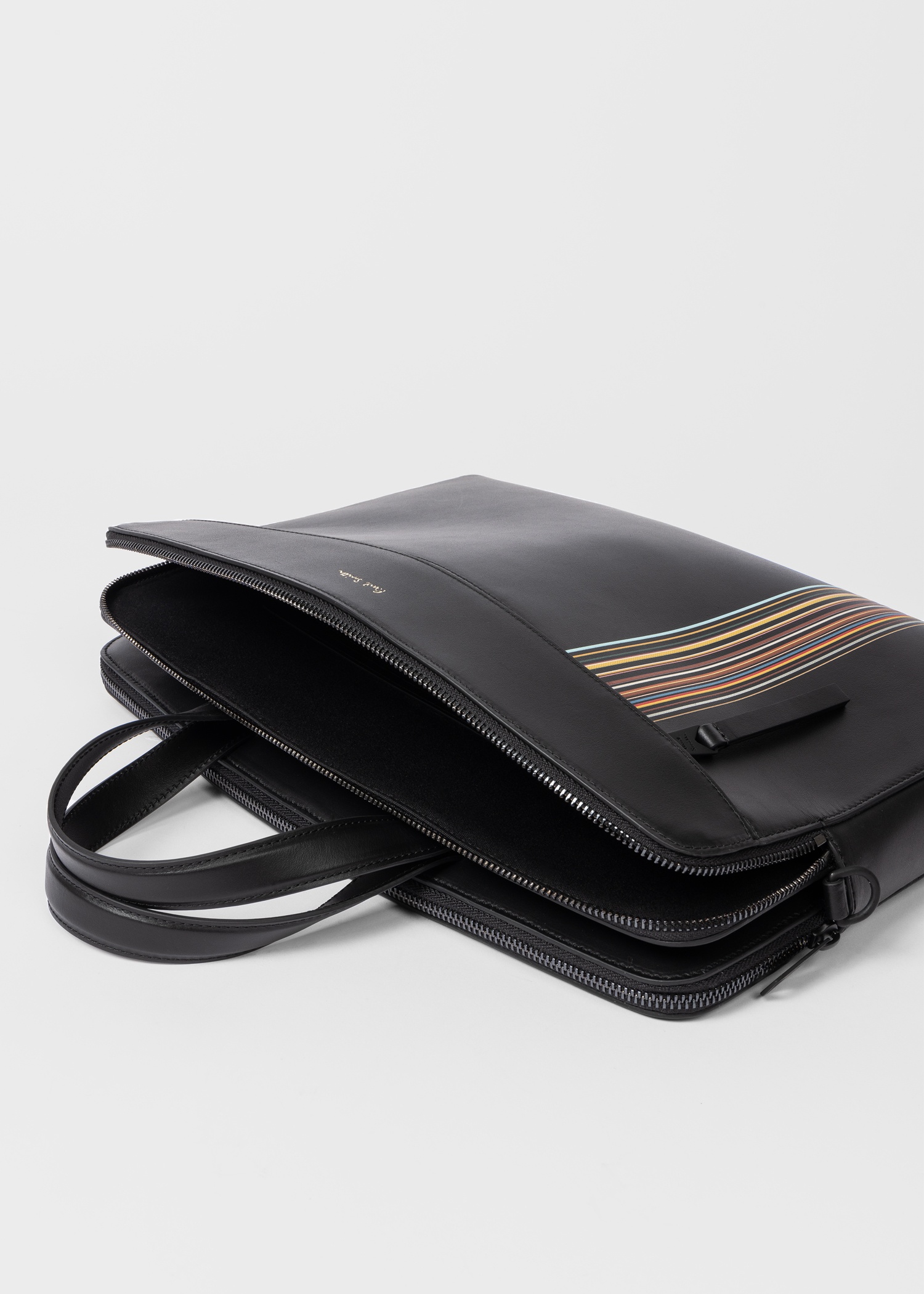 Paul Smith Black Leather Signature Stripe Double Zip Folio Reversible