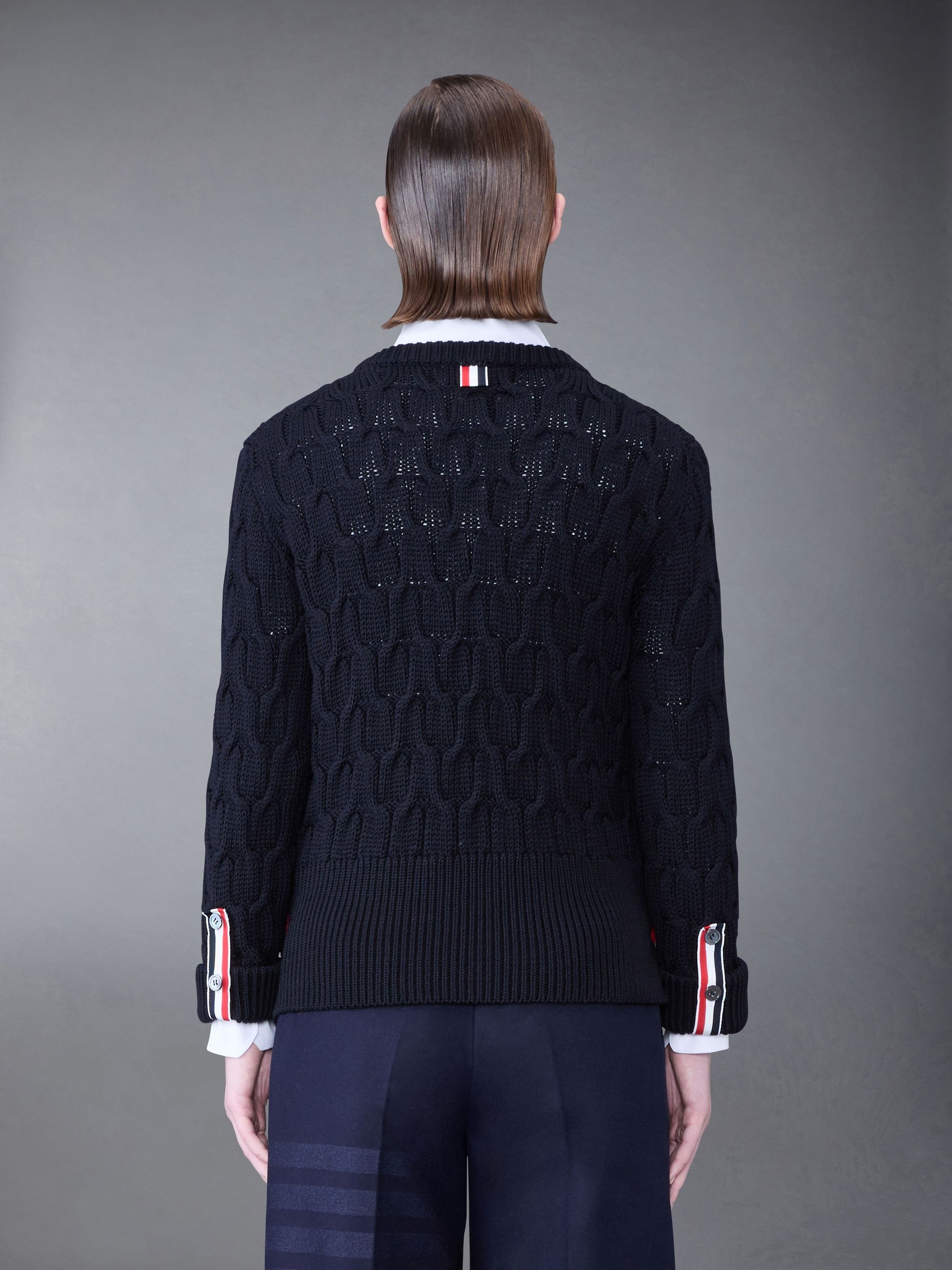 Thom Browne Merino Crisscross Cable Stitch Crew Neck Pullover Reversible