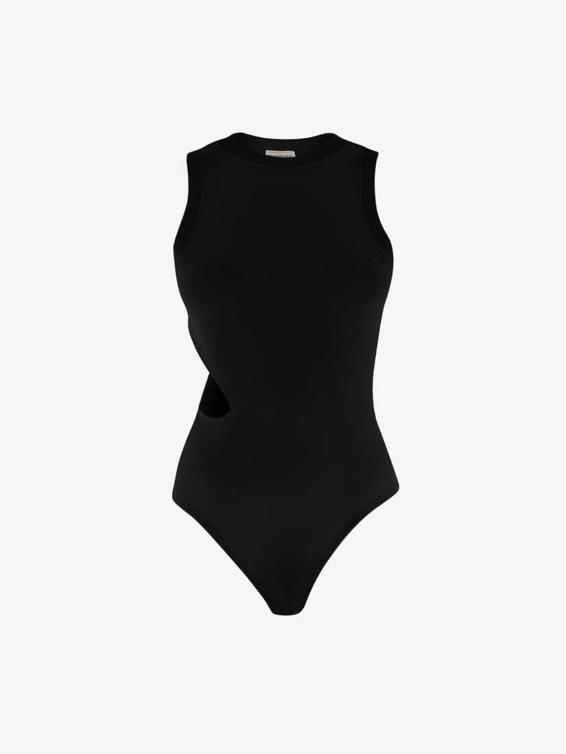 Women's Slashed Ribbed Bodysuit in Black - 1