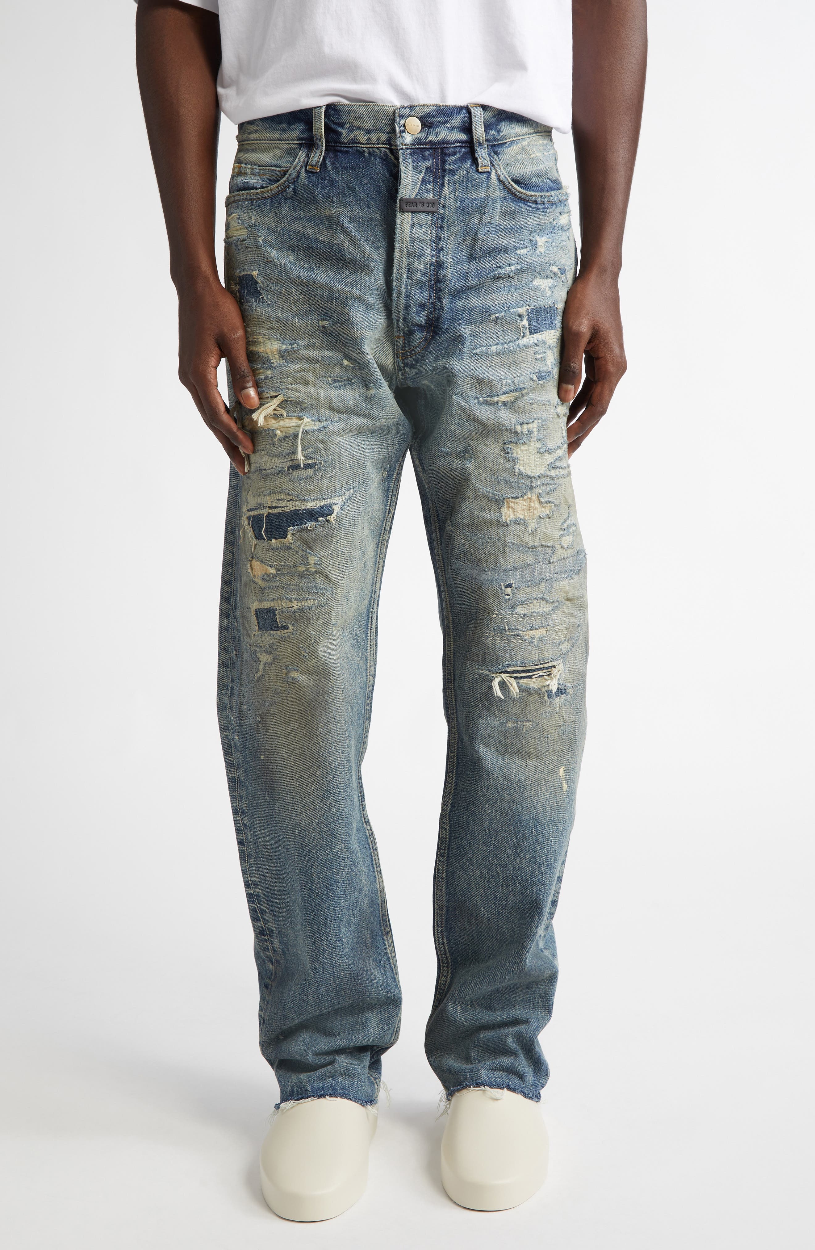 Fear of God Distressed Straight Leg Jeans in Reparied Vintage Indigo at Nordstrom - 1