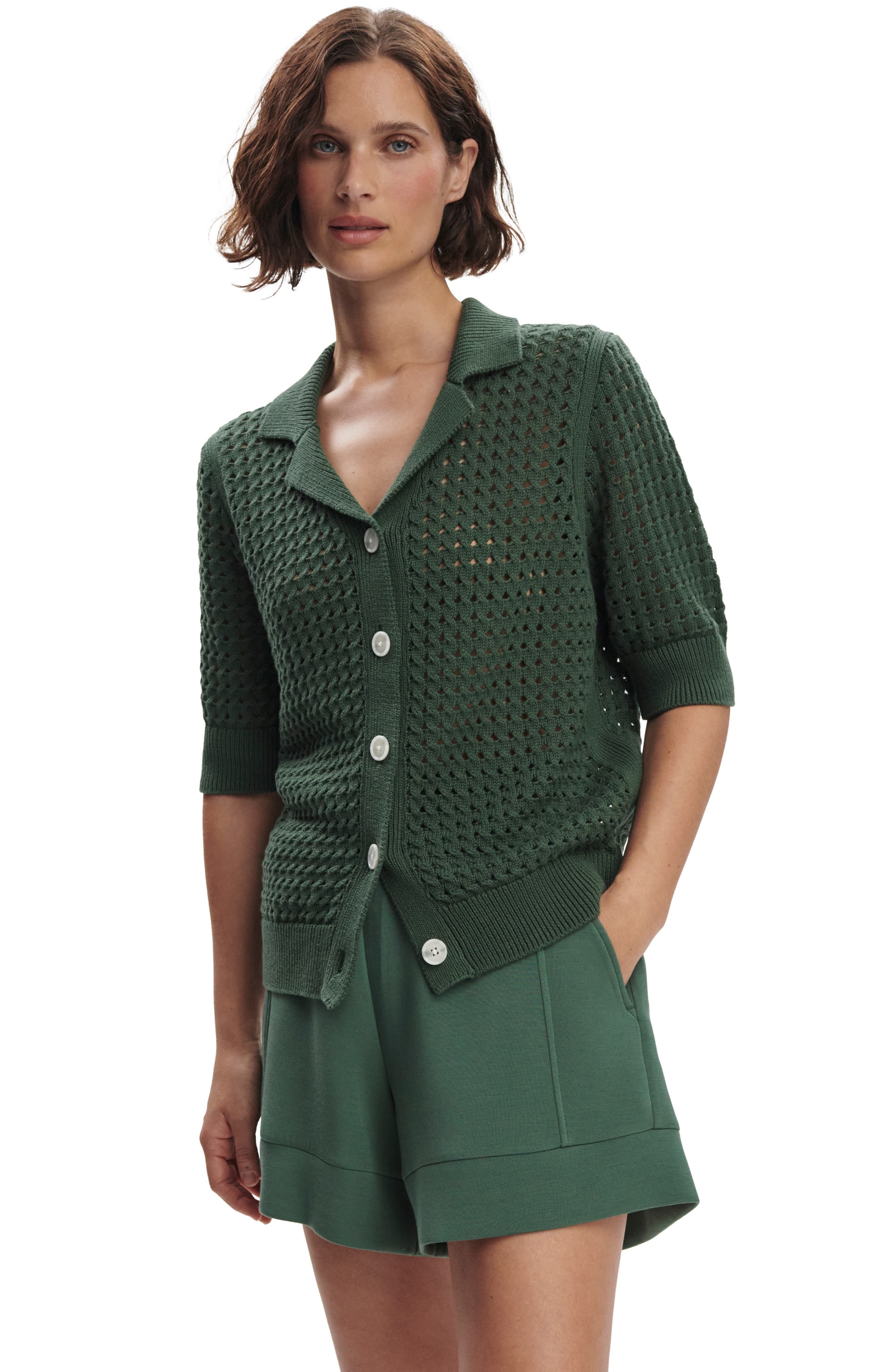 Varley Ellie Open Cable Knit Camp Shirt in Cilantro at Nordstrom - 3