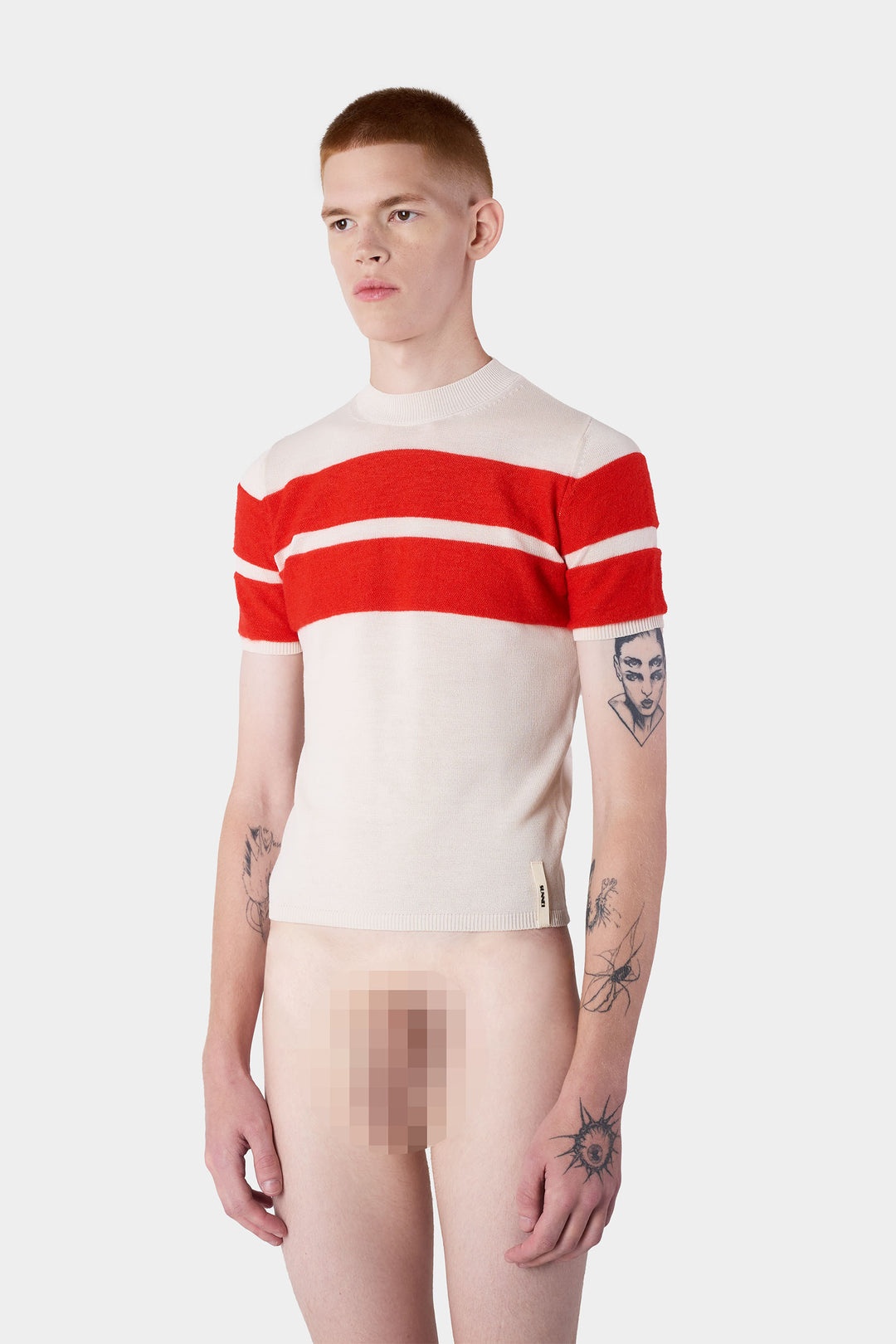 STRIPED KNIT SHORTSLEEVE TOP / off white & acid red - 3