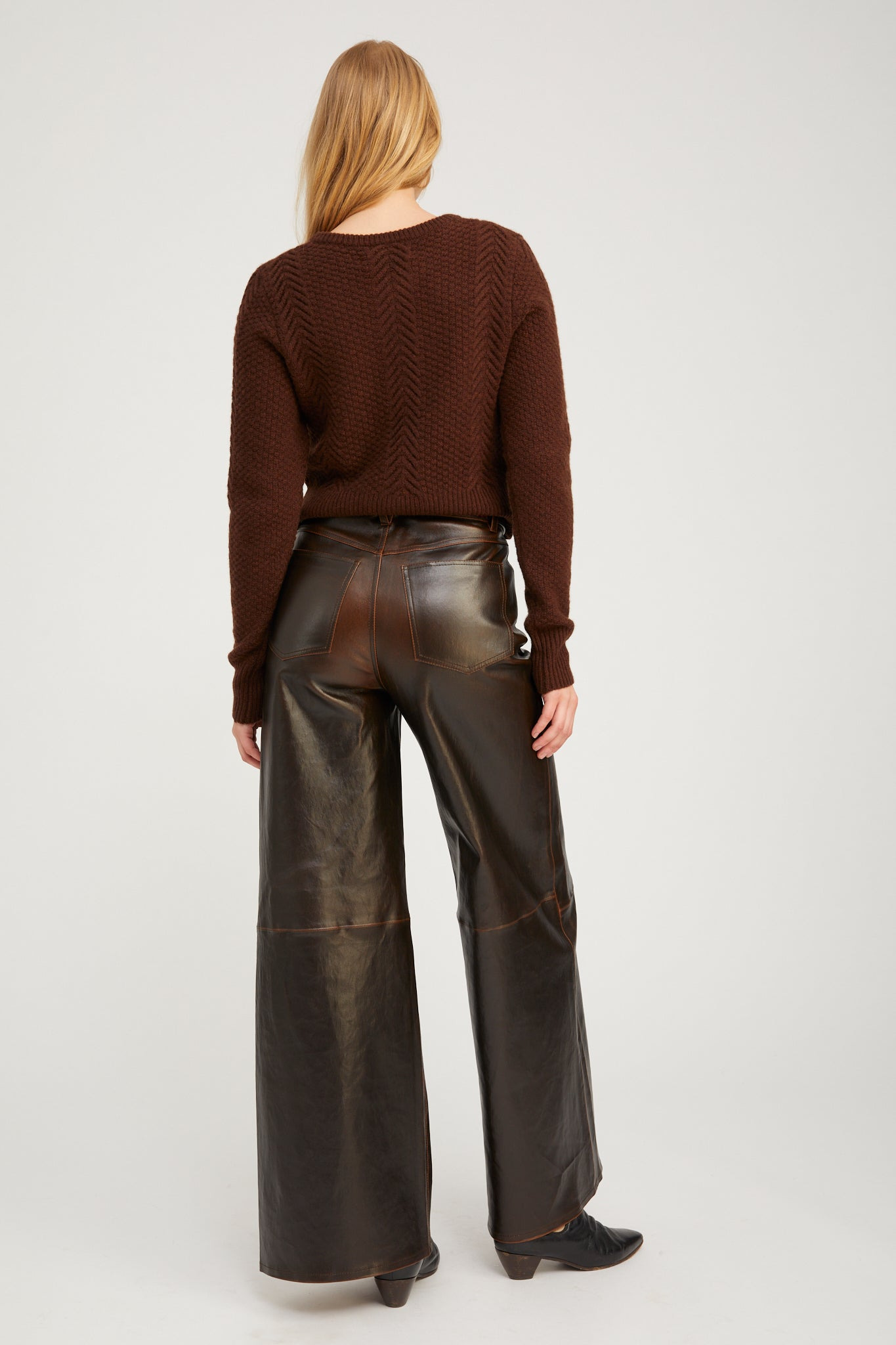 BURNT UMBER LEATHER 5 POCKET WIDE LEG - 4
