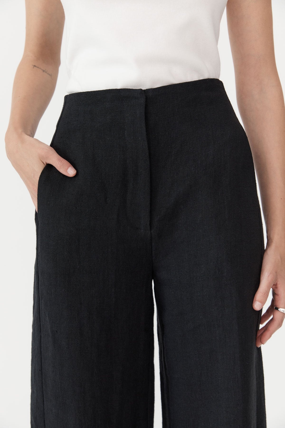 Linen Wide Leg Pants - Black - 4
