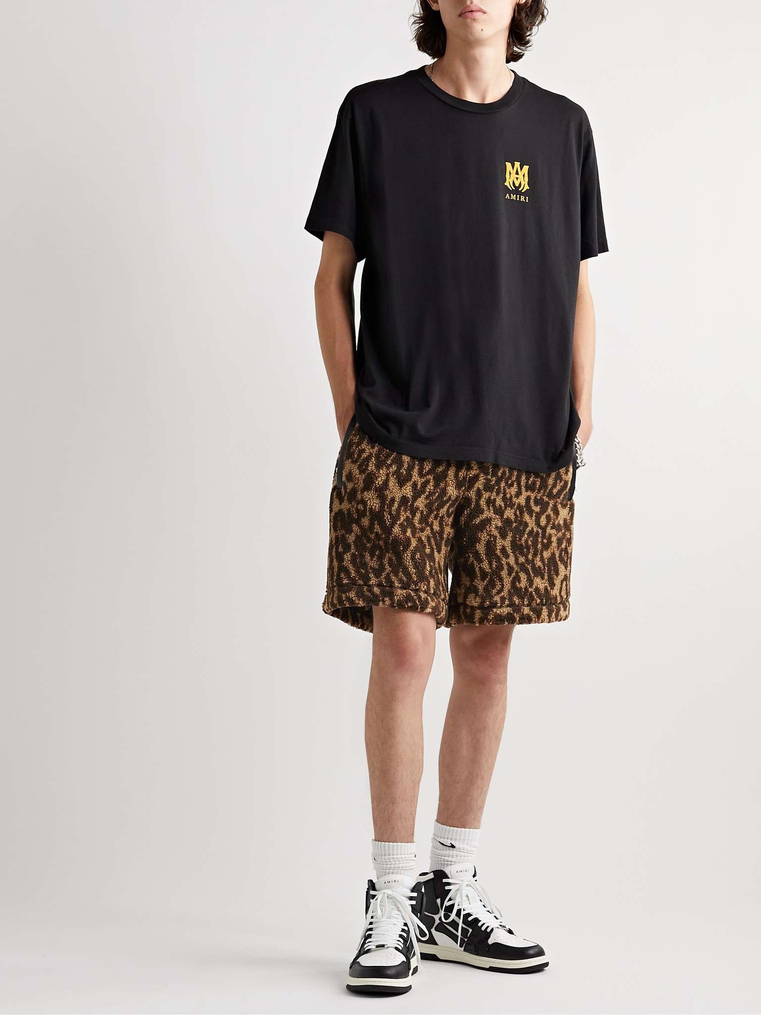 Wide-Leg Leather-Trimmed Leopard-Print Fleece Shorts - 2