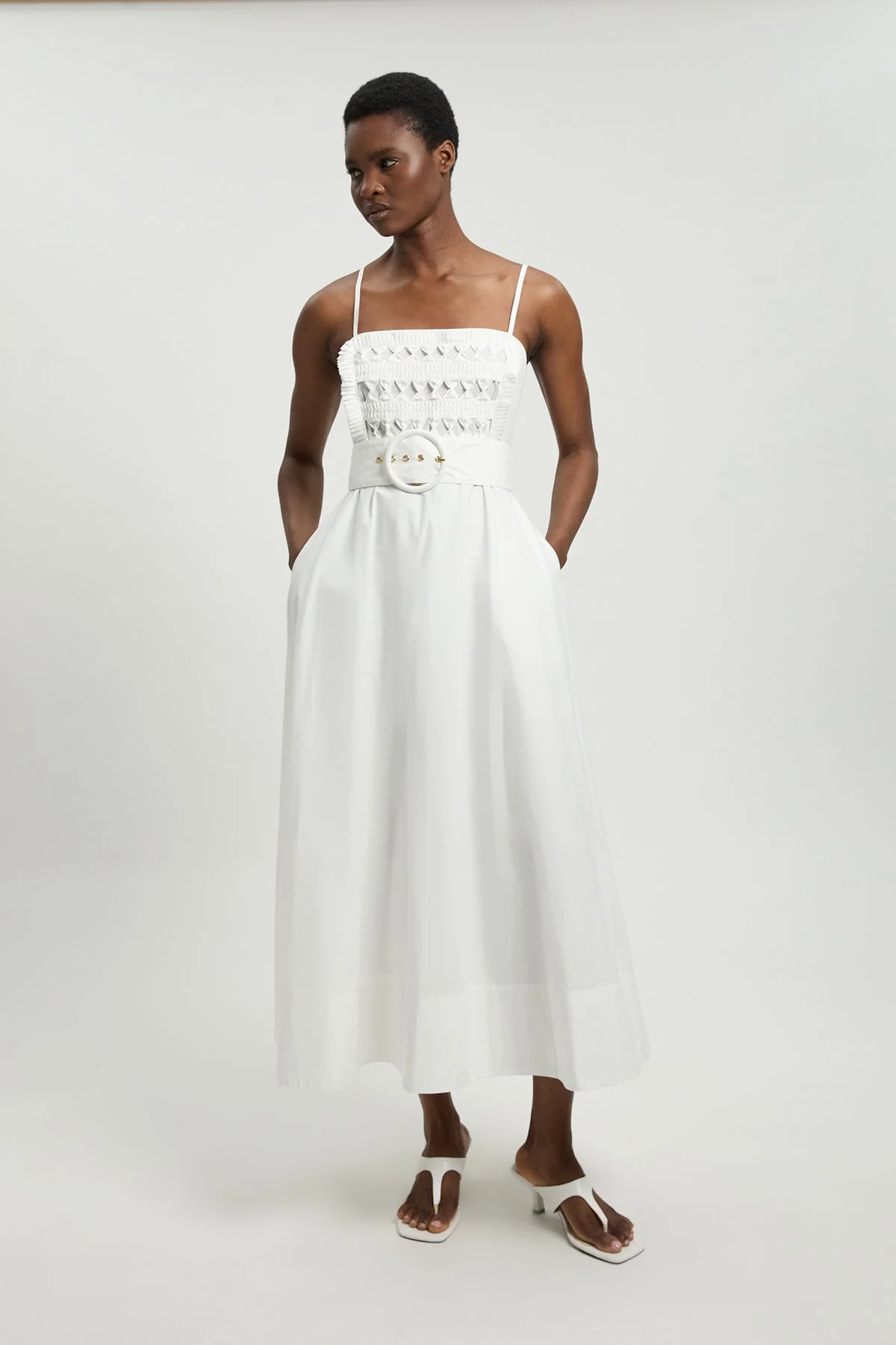 Cutwork Detail Belted Strappy Midi Dress - 1