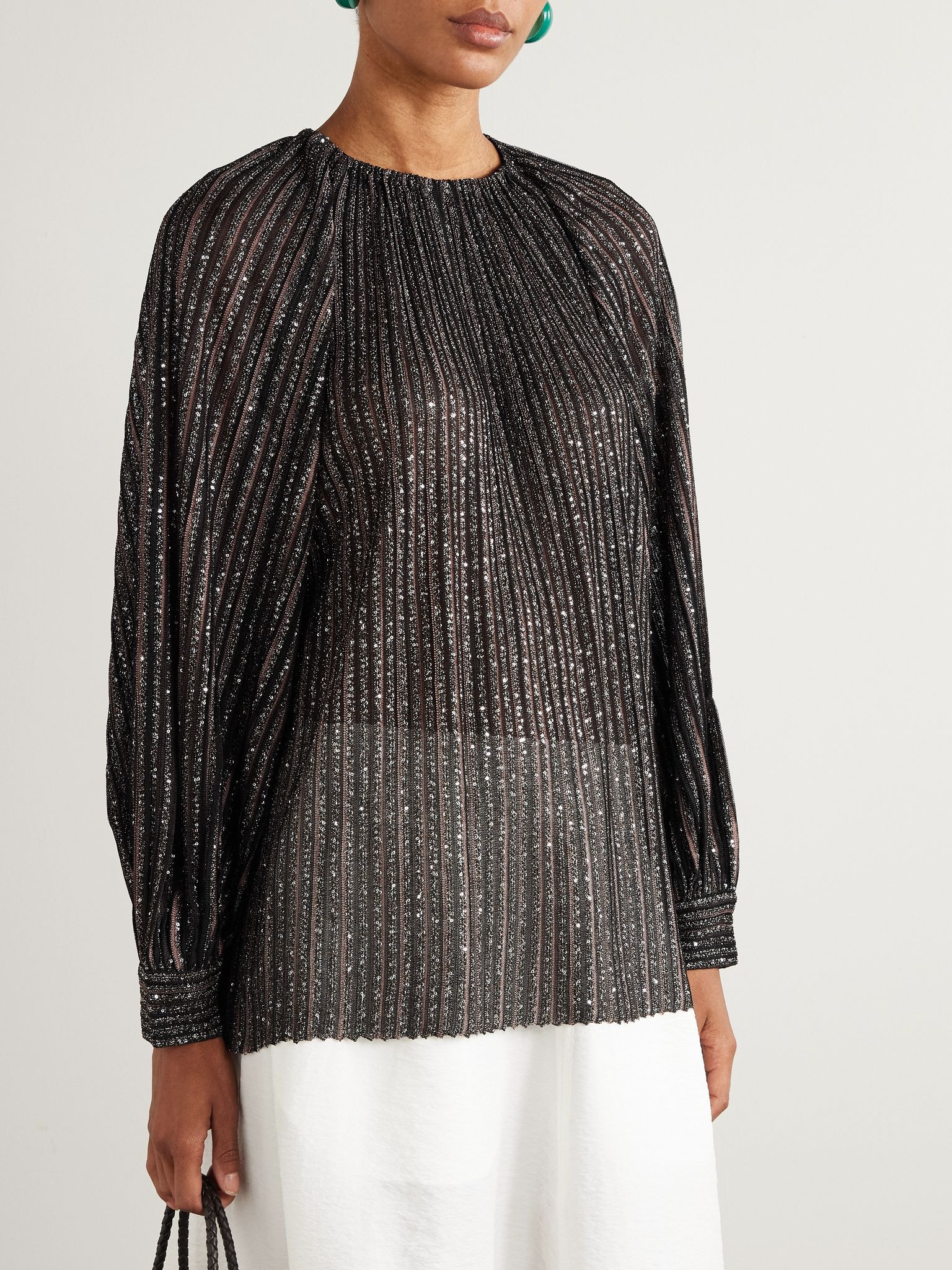Sequin-embellished striped metallic crochet-knit blouse Black - 3