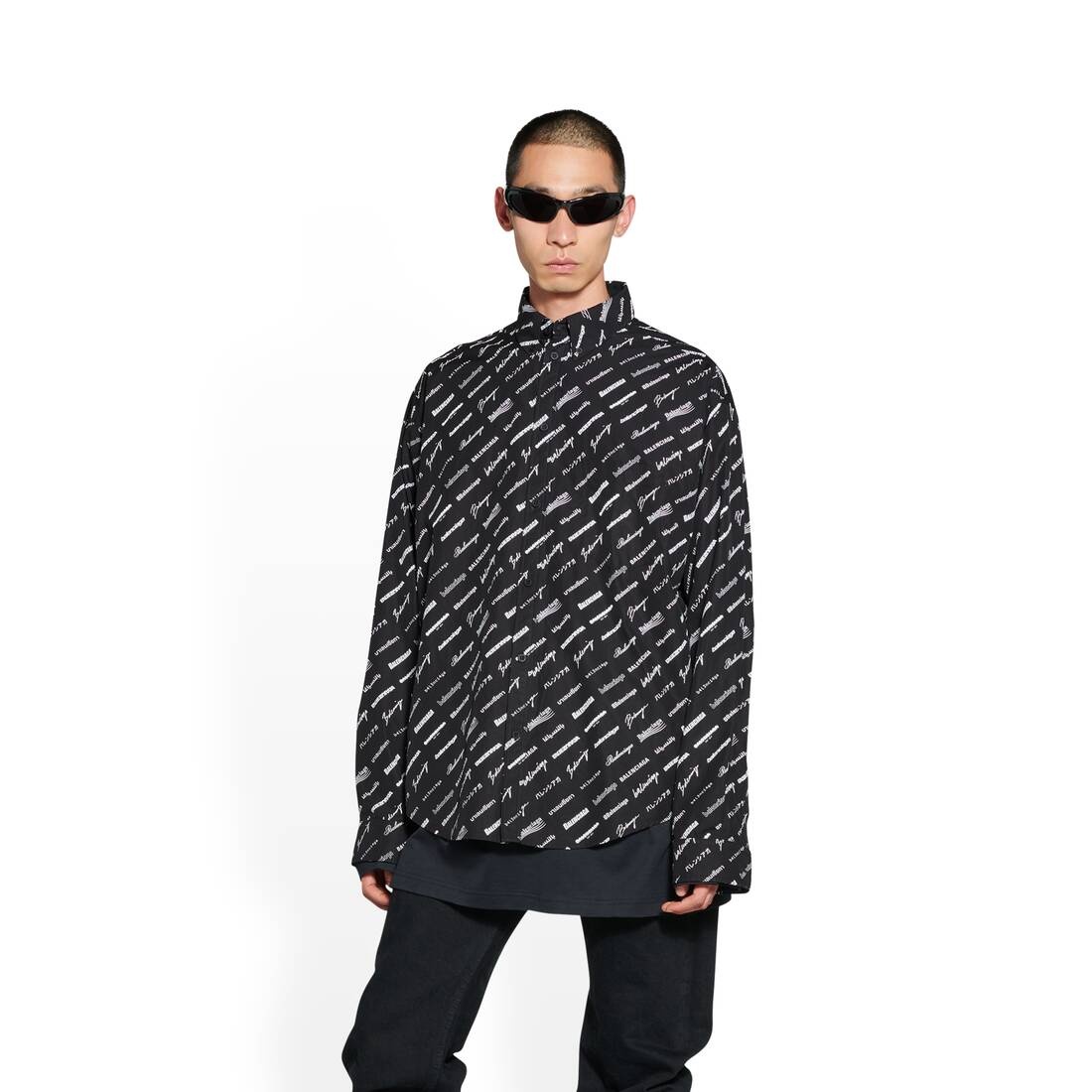 Men's Logomania All Over Long Sleeve Shirt Large Fit in Black - 5