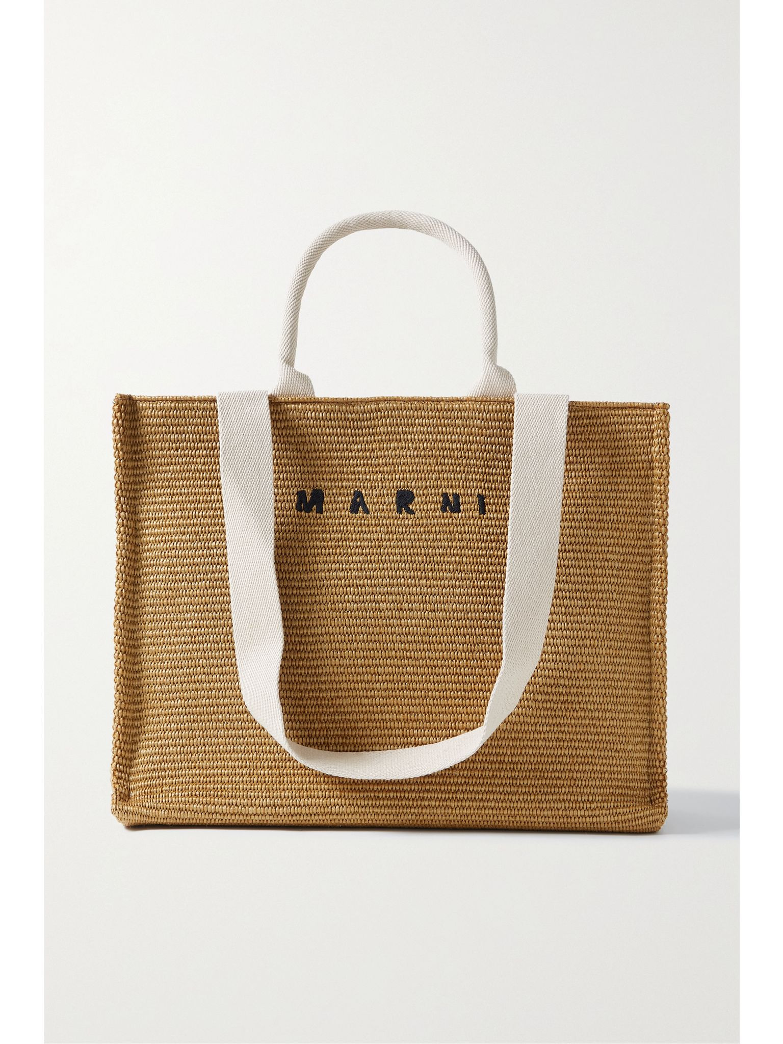 Large canvas-trimmed embroidered raffia tote Beige - 1