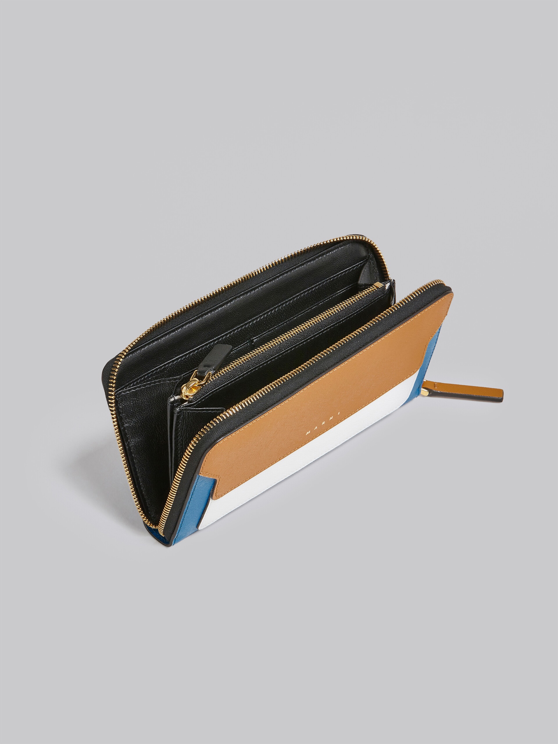 BROWN WHITE AND BLUE SAFFIANO LEATHER ZIP-AROUND WALLET - 2