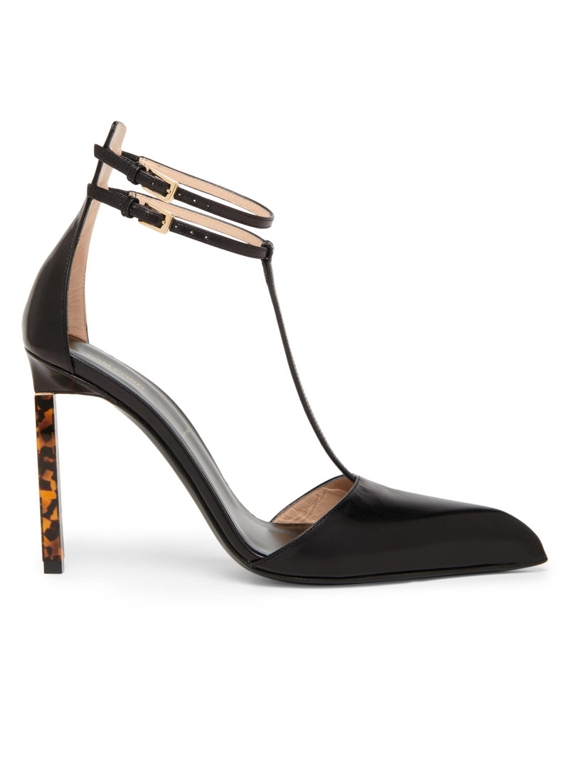 Women's Shiny Kid 105MM Leather T-Strap Pumps - Black 1