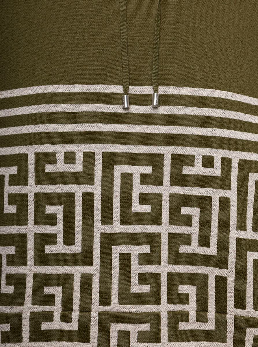 BALMAIN MILITARY GREEN HOODIE WITH MONOGRAM AND STRIPES IN WOOL AND LINEN MAN - 3