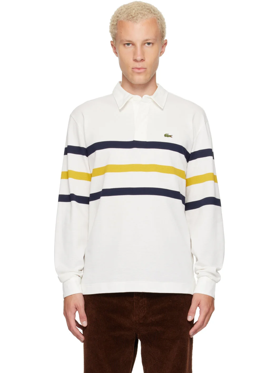 White Relaxed Fit Striped Piqué Rugby Polo - 1