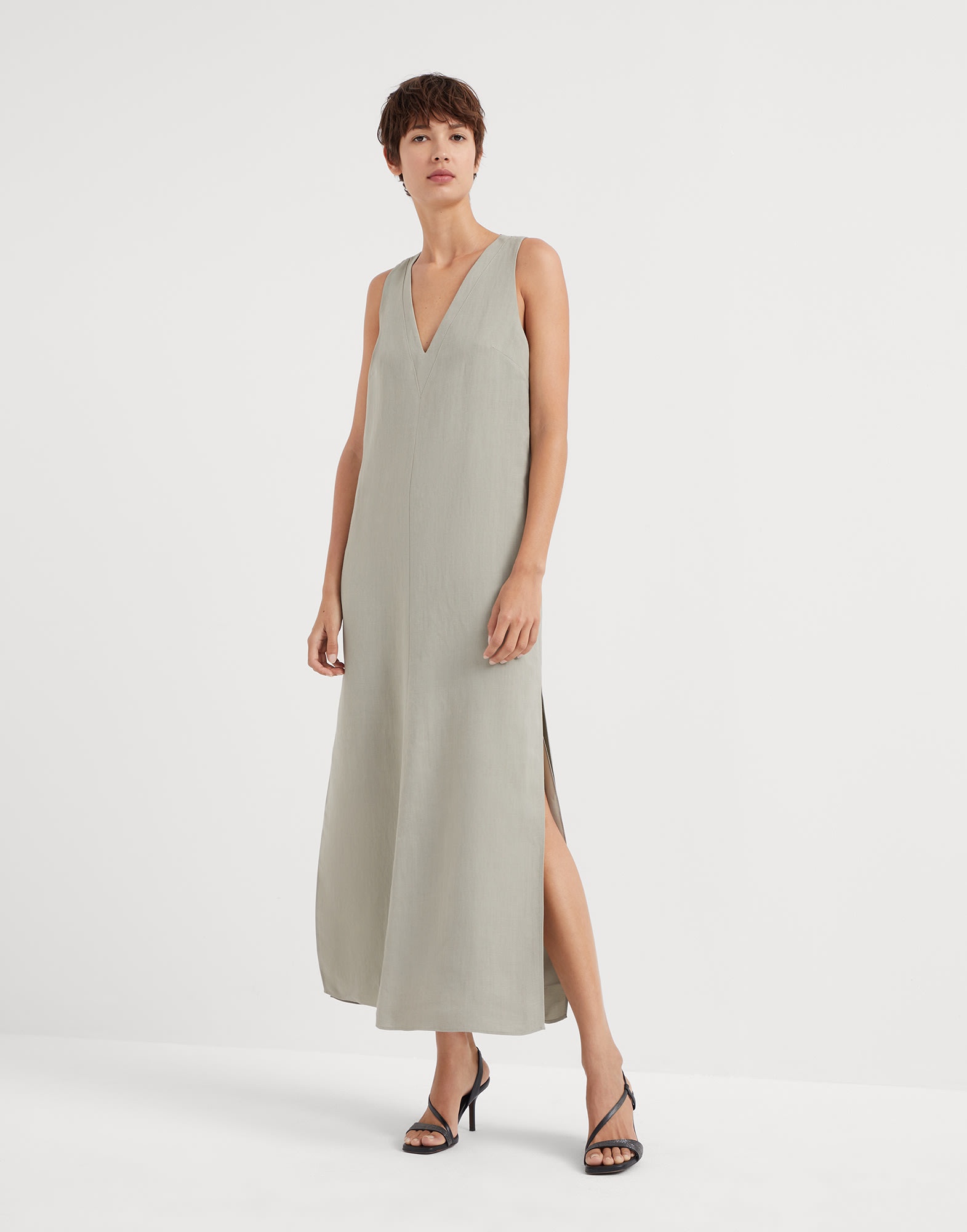 Viscose and linen fluid twill dress with monili - 1