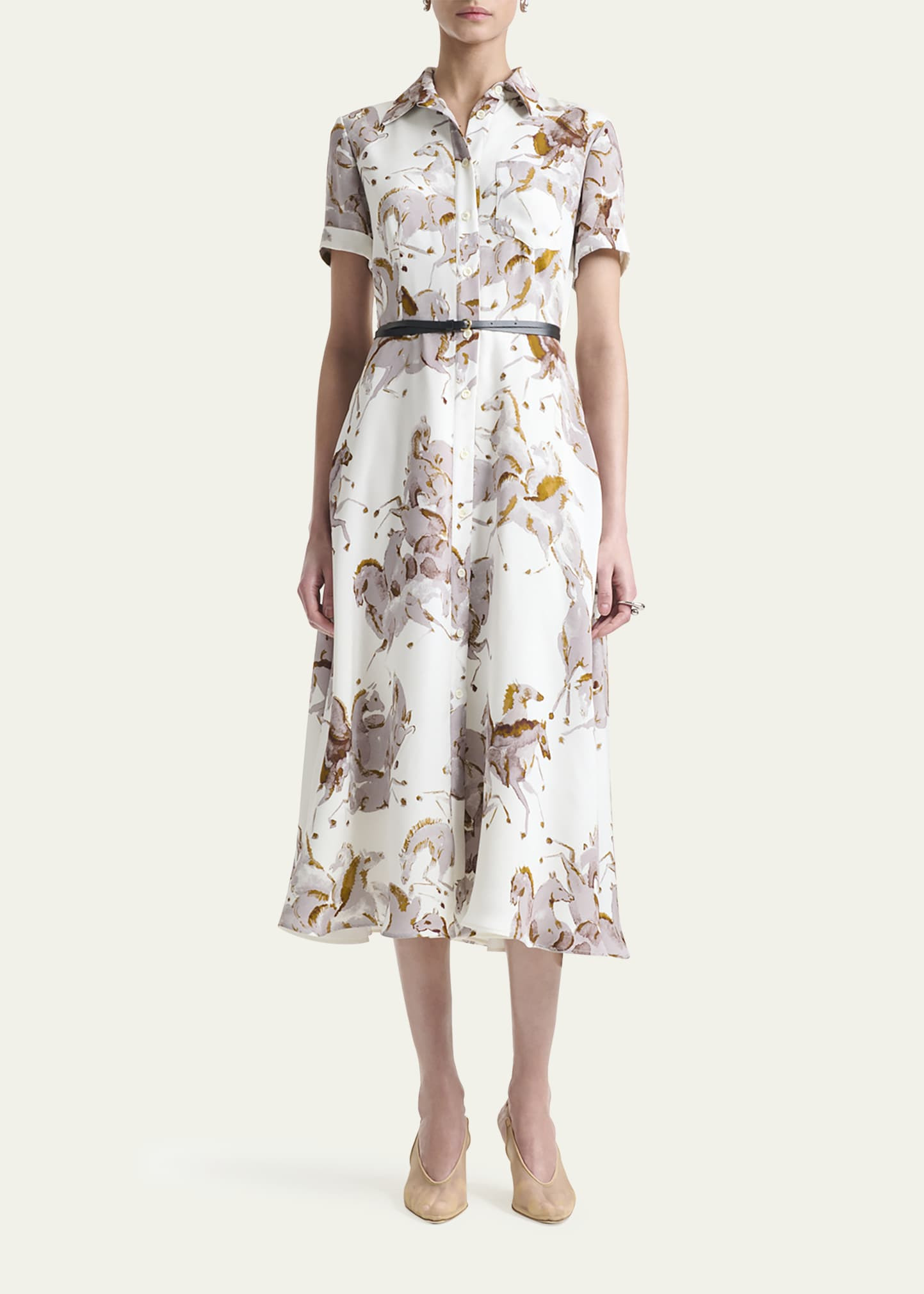 Kiera Horse-Print Silk Short-Sleeve Midi Shirtdress - 2