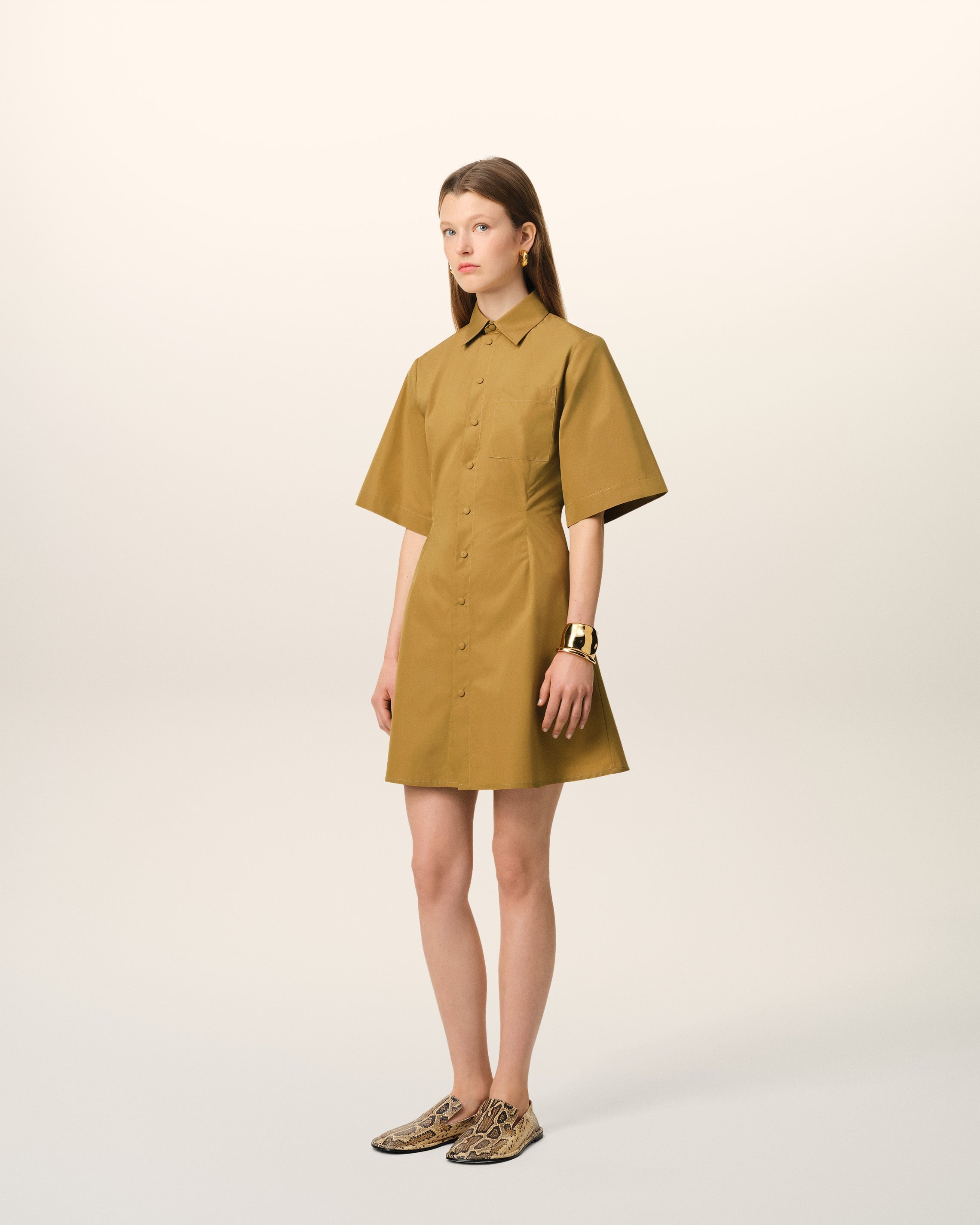 MUSTARD COTTON SHORT SLEEVE SHIRT DRESS - 6