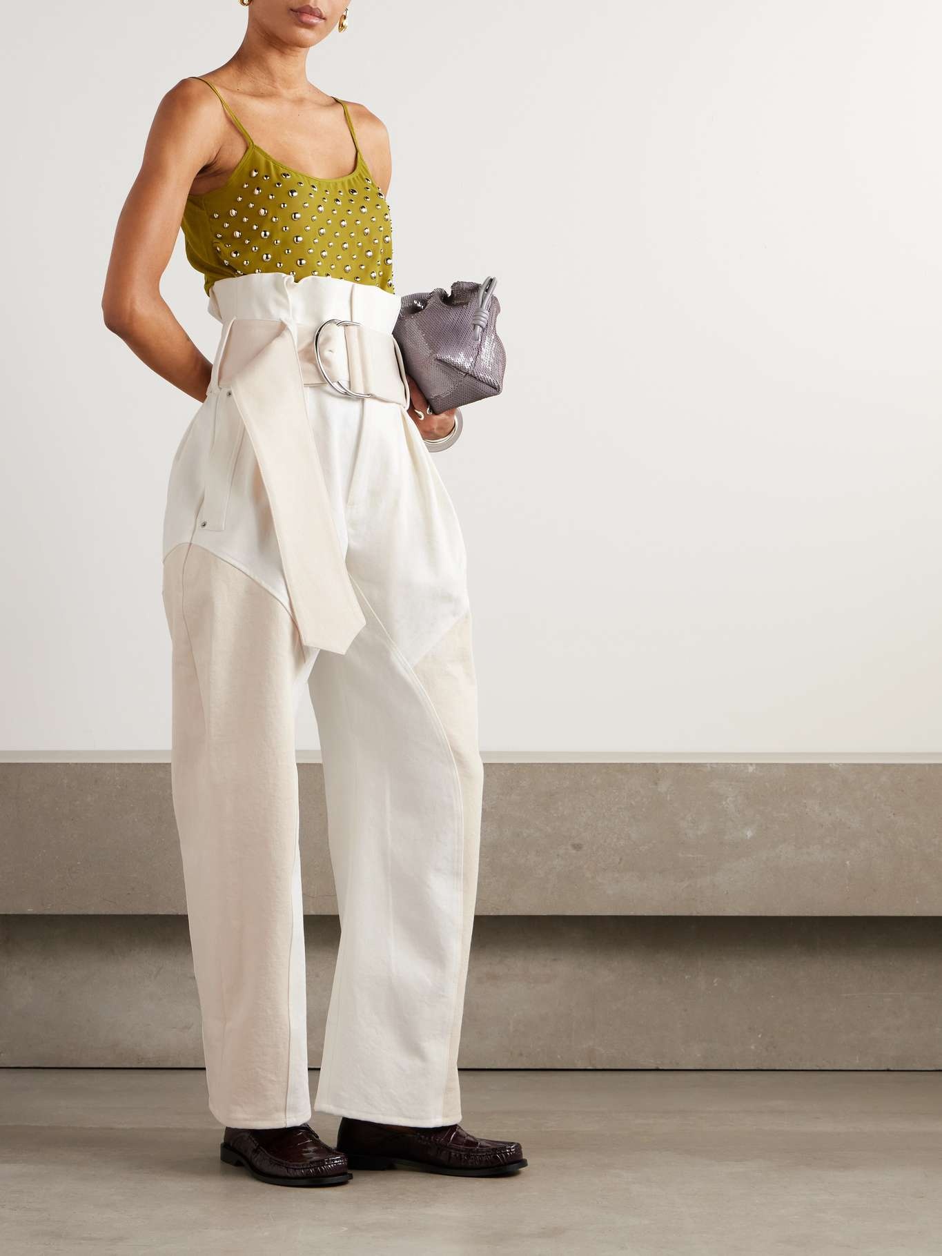 Belted pleated paneled two-tone cotton-poplin wide-leg pants Off-white - 2