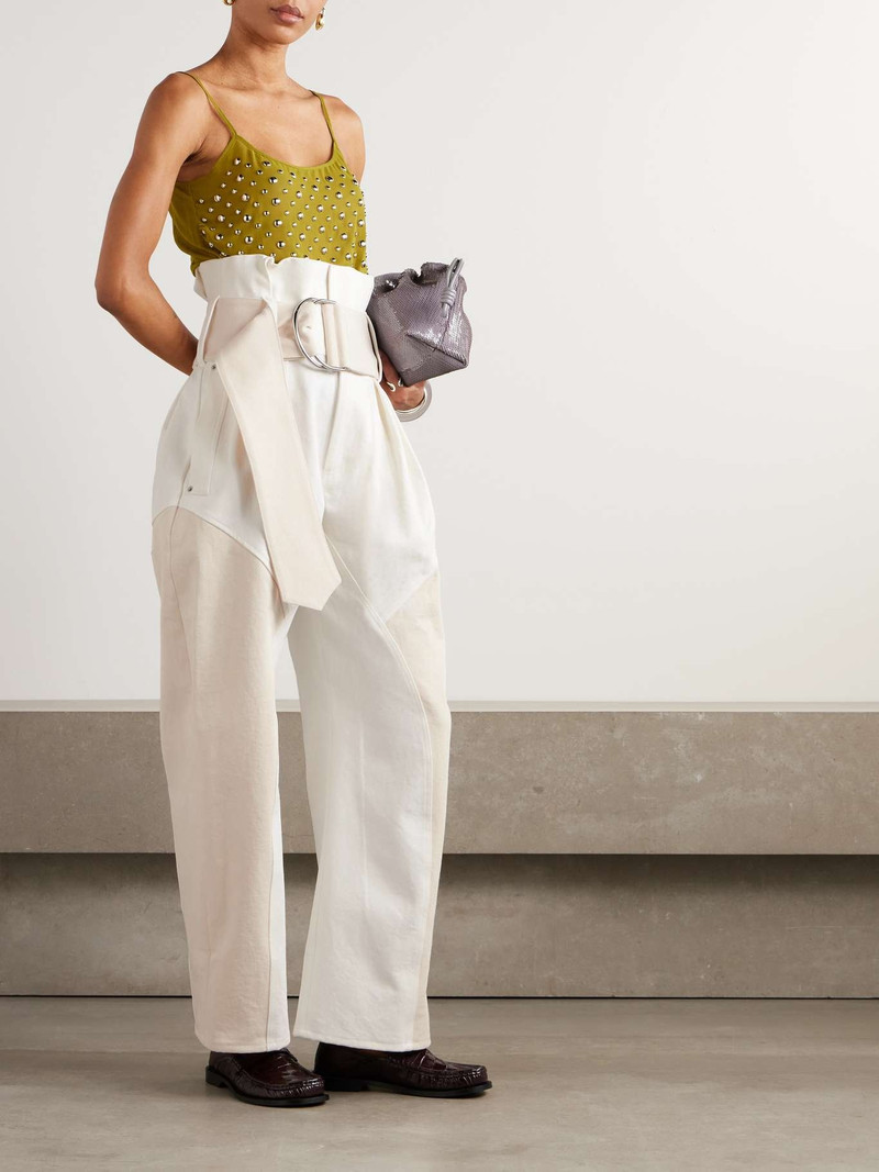 JW Anderson Belted pleated paneled two-tone cotton-poplin wide-leg pants Off-white outlook