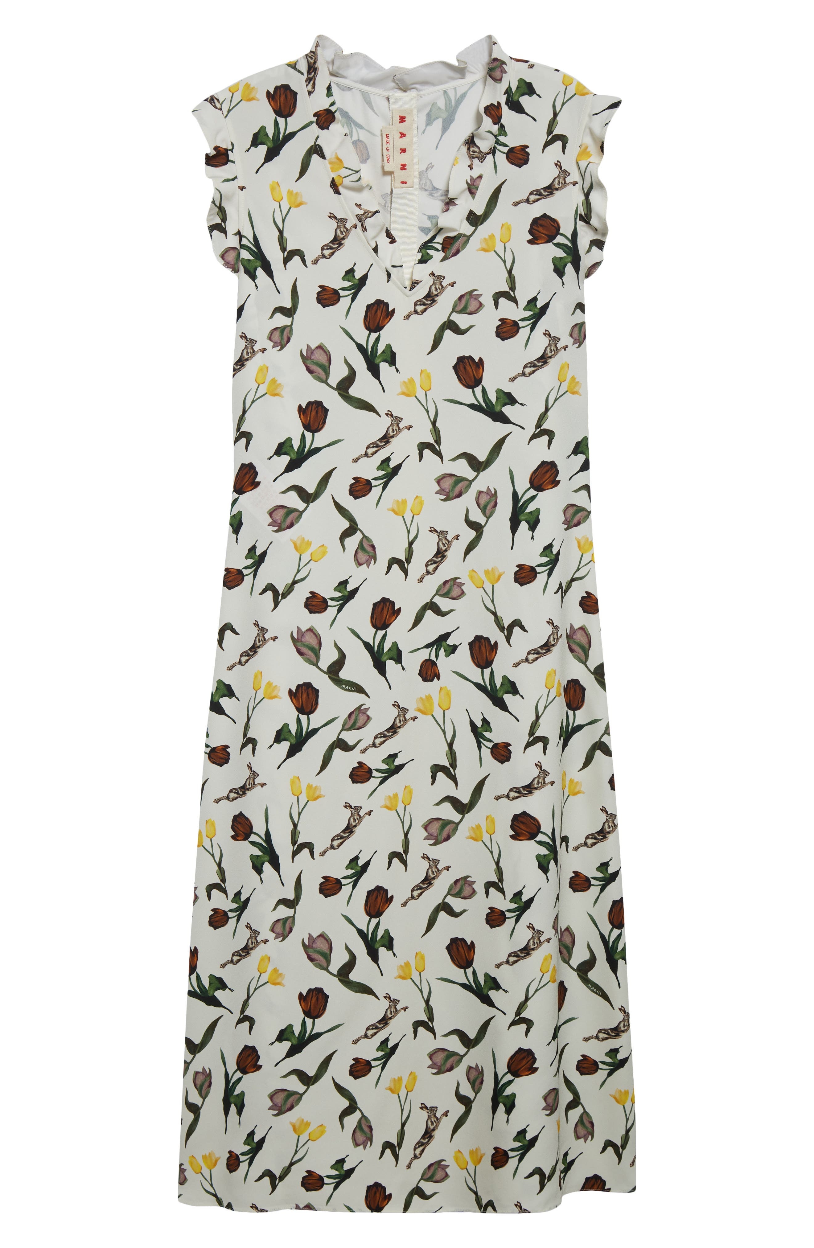 Marni Tulips & Hares Ruffle Satin Midi Dress in Limestone at Nordstrom - 5