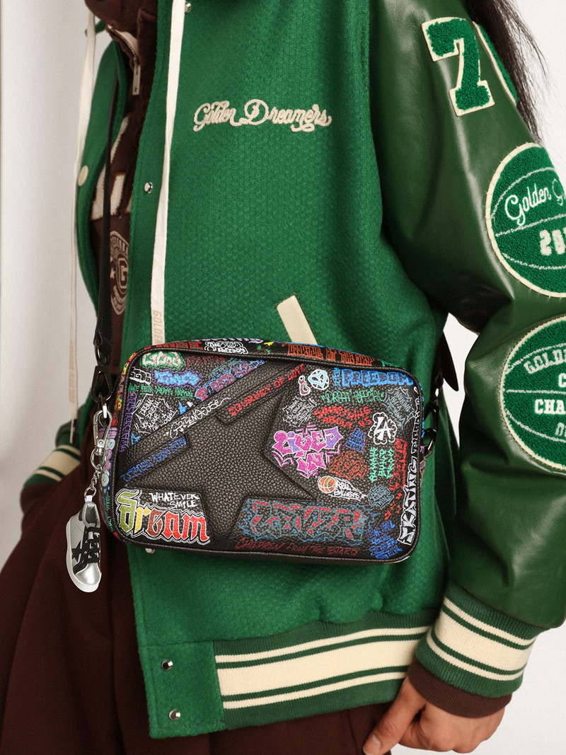Golden Goose Star Bag in black hammered leather with black leather star and all-over multicolored print outlook