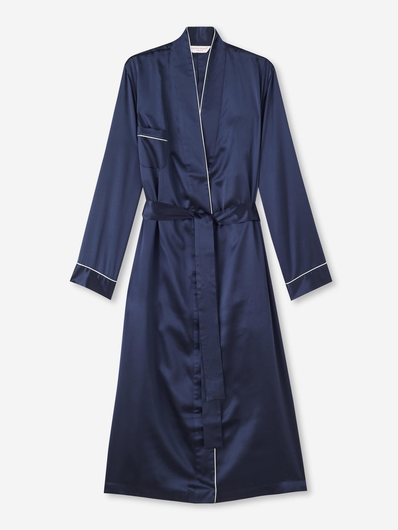 Women's Long Dressing Gown Bailey Silk Satin Navy - 1
