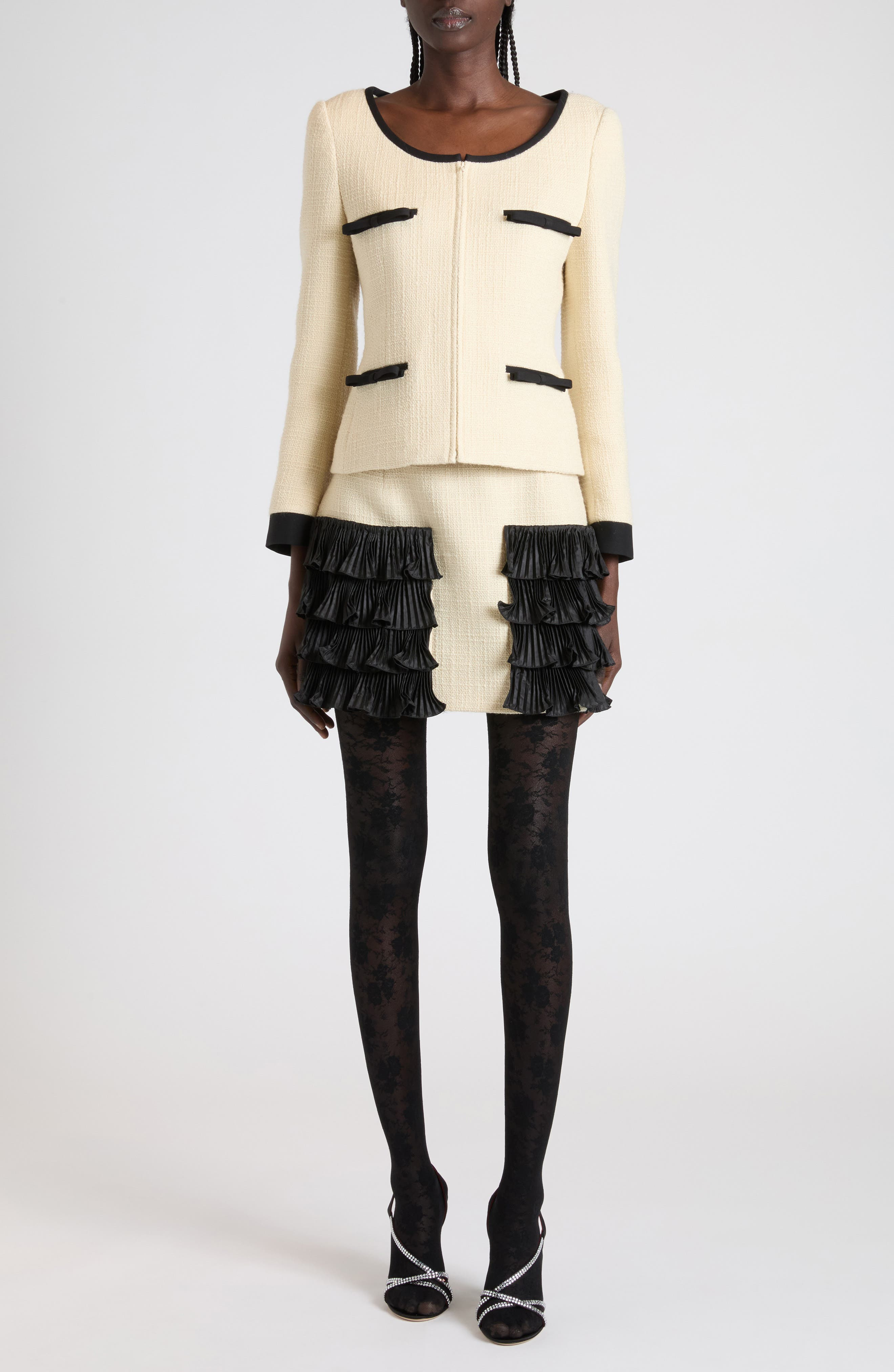 Valentino Contrast Ruffle Tweed Miniskirt in Beige/Black at Nordstrom - 2