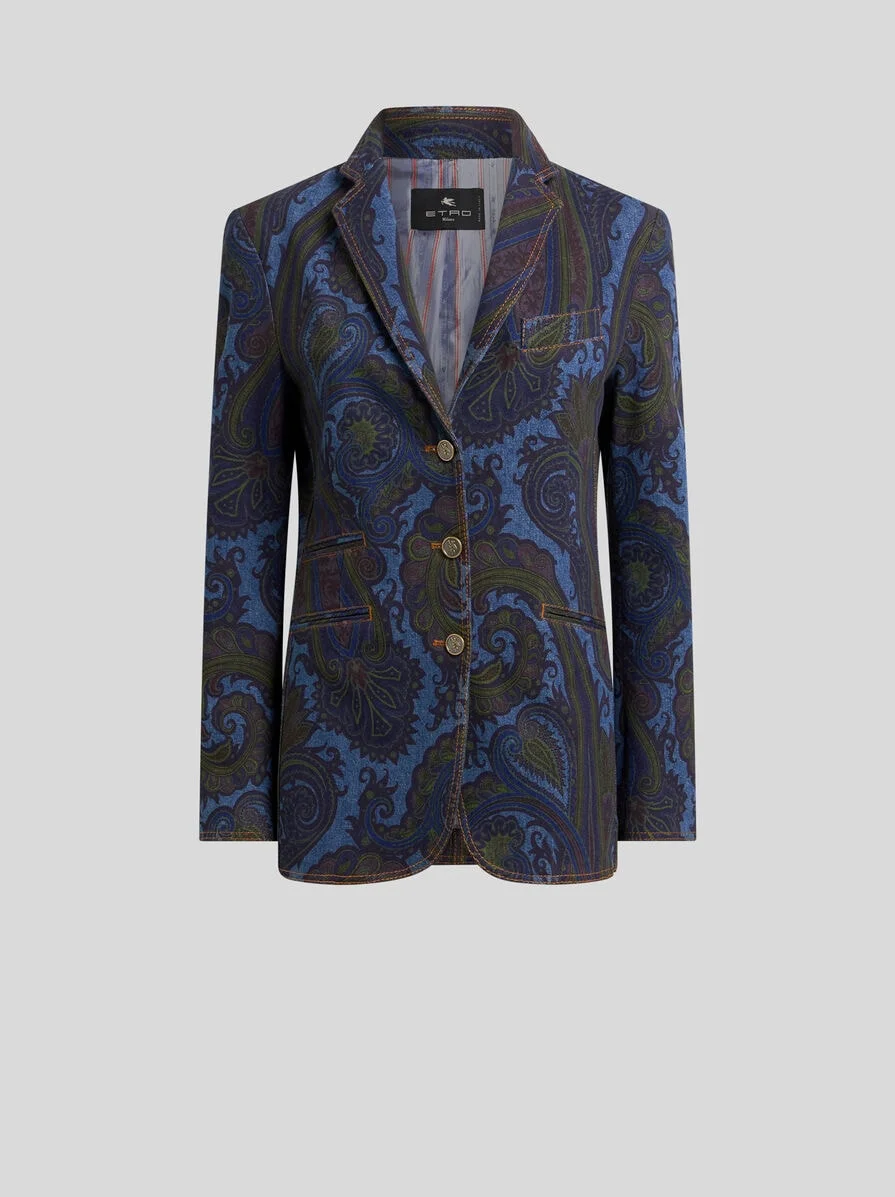 SINGLE-BREASTED STRETCH COTTON DENIM JACKET WITH PAISLEY MOTIF - 1
