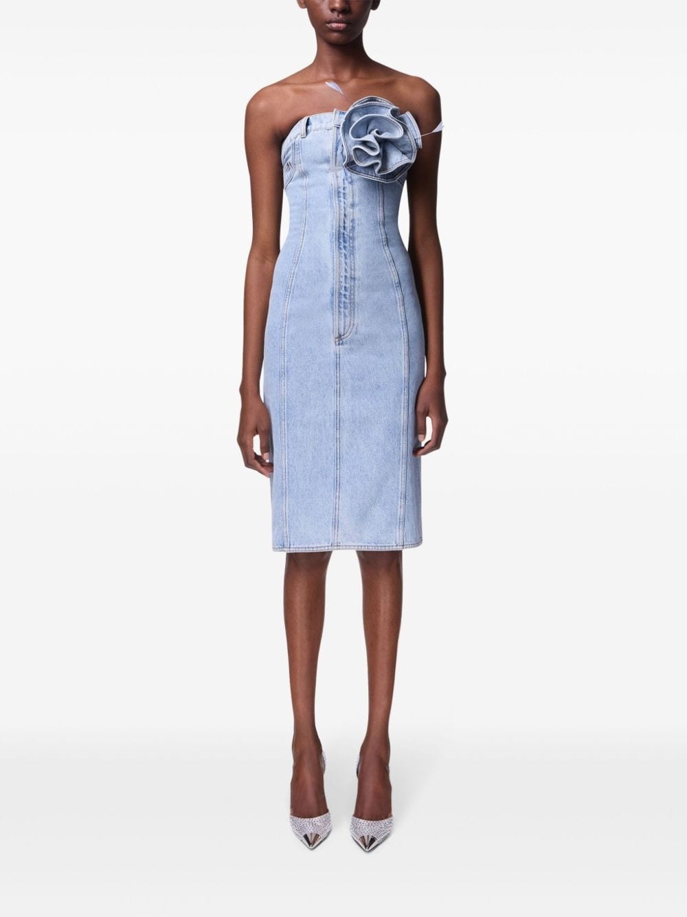 floral-appliqué strapless denim dress - 2