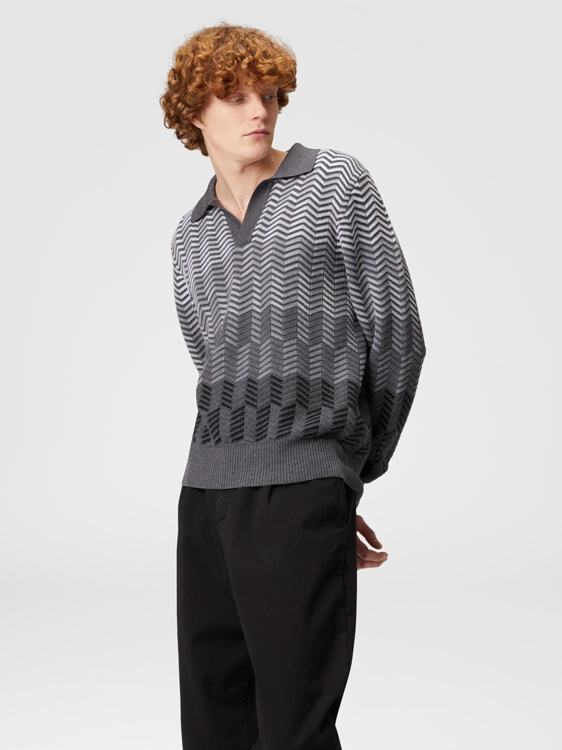 Long-sleeved polo shirt in zigzag virgin wool - 4