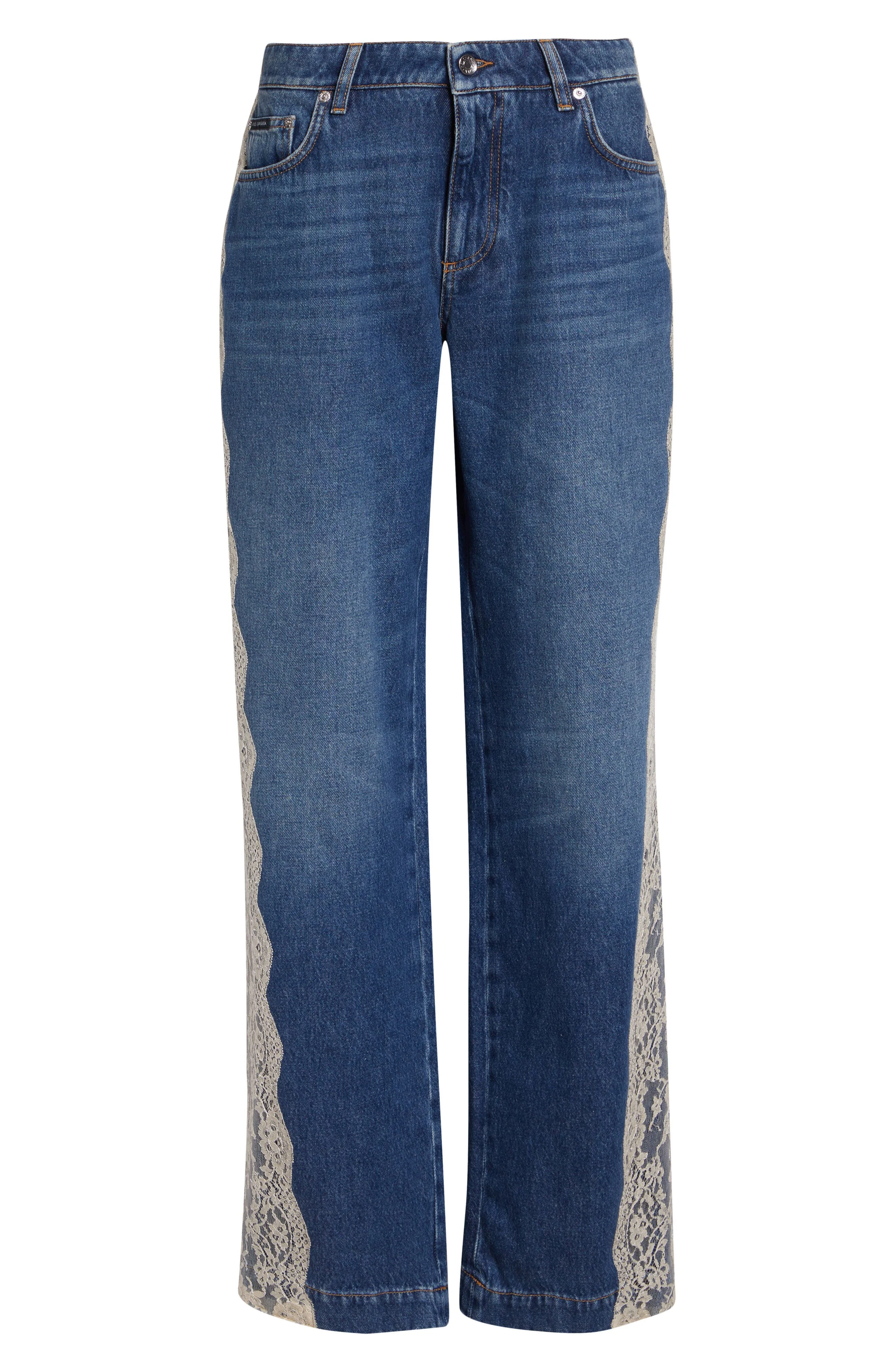 Dolce&Gabbana Lace Panel High Waist Straight Leg Jeans in Variante Abbinata at Nordstrom - 1