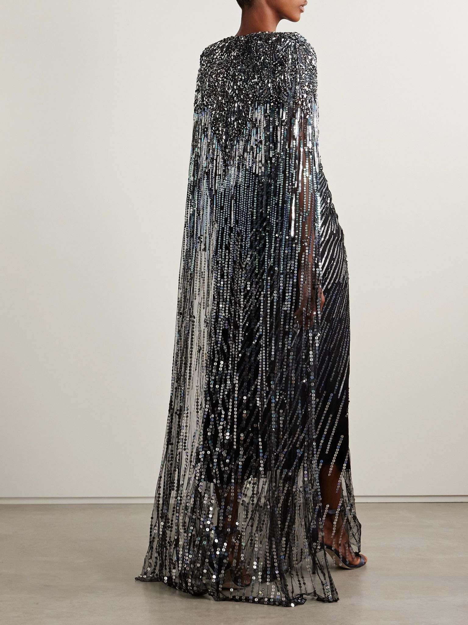Gold Rush cape-effect embellished tulle gown Black - 3