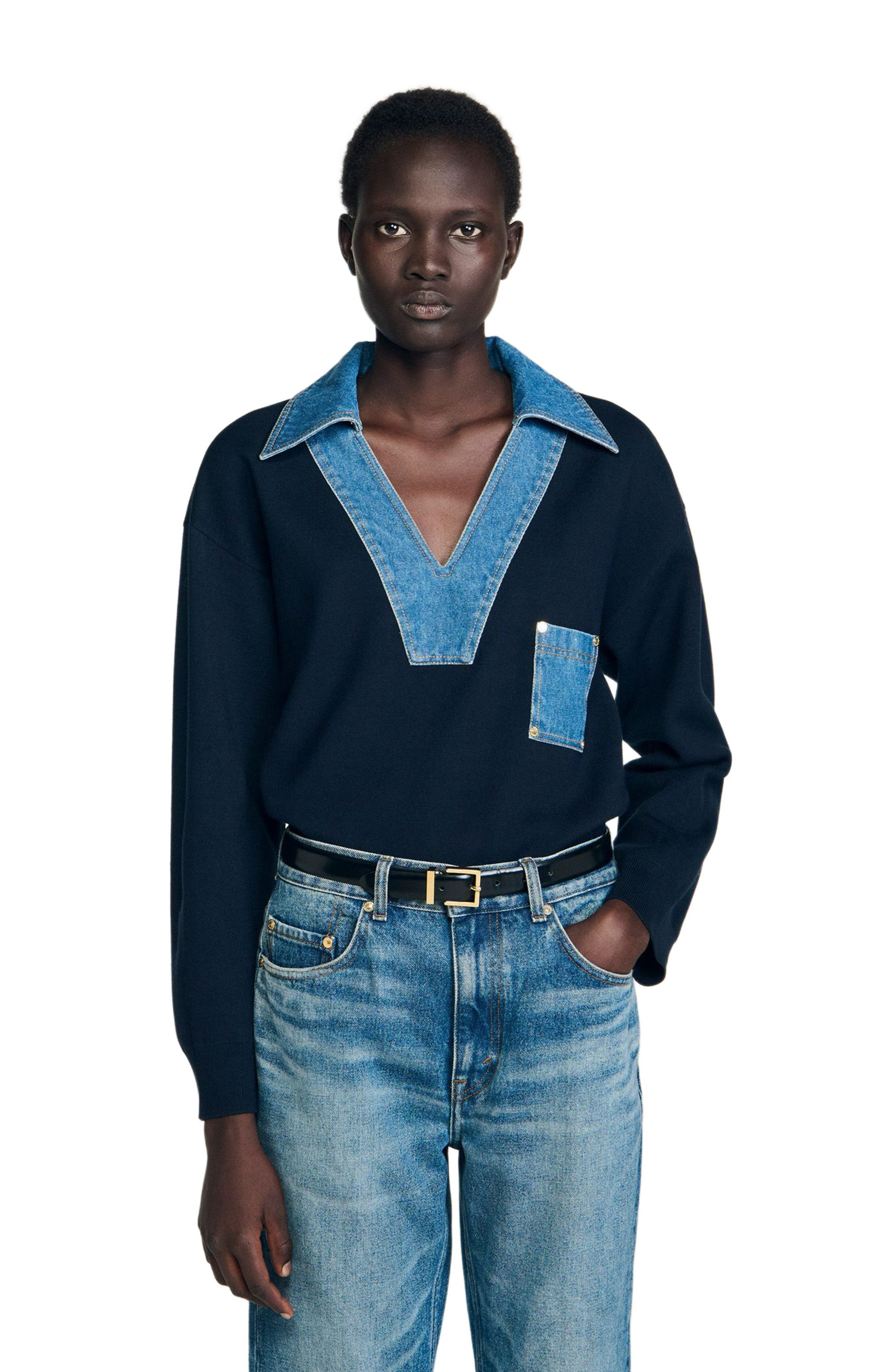 SANDRO Sweater with denim details in Navy Blue at Nordstrom - 3