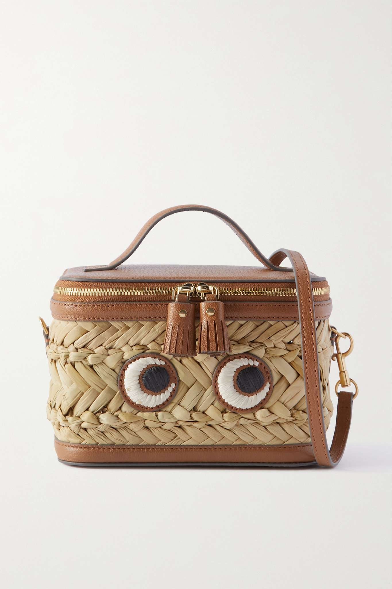 Bits and Bobs Eyes leather-trimmed straw shoulder bag - 1