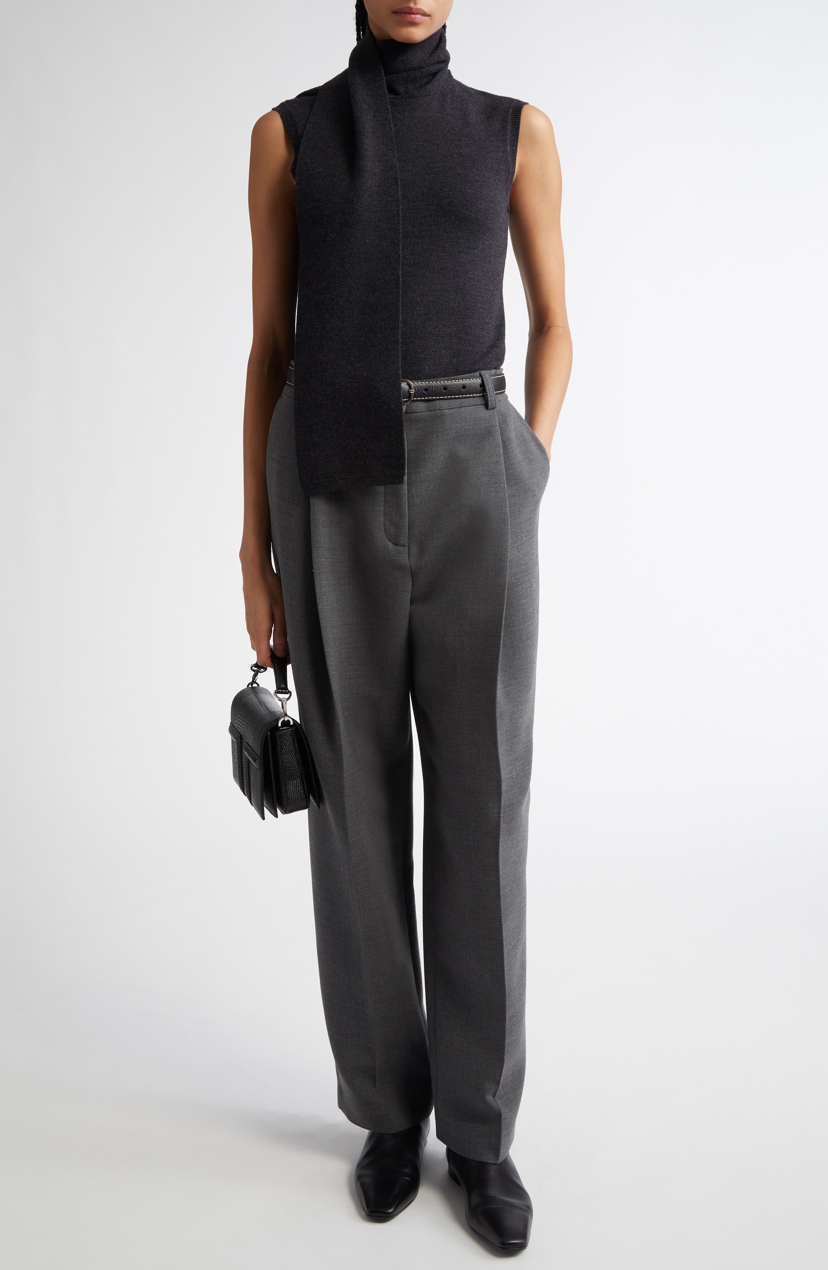 TOTEME Pleated Straight Leg Pants in Grey Melange at Nordstrom - 2