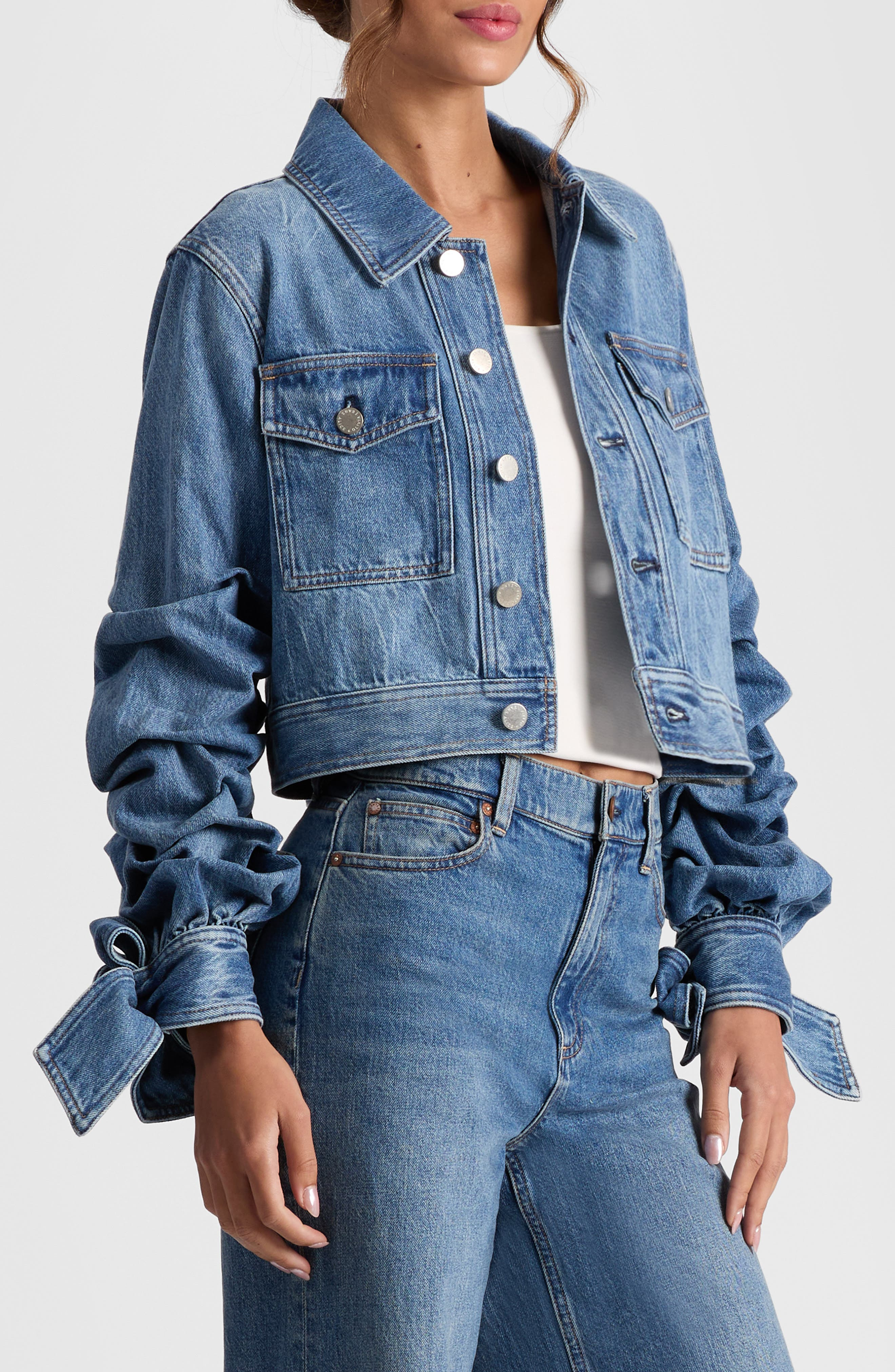 Alice + Olivia Tiff Bow Cuff Crop Denim Jacket in Ami Blue at Nordstrom - 3