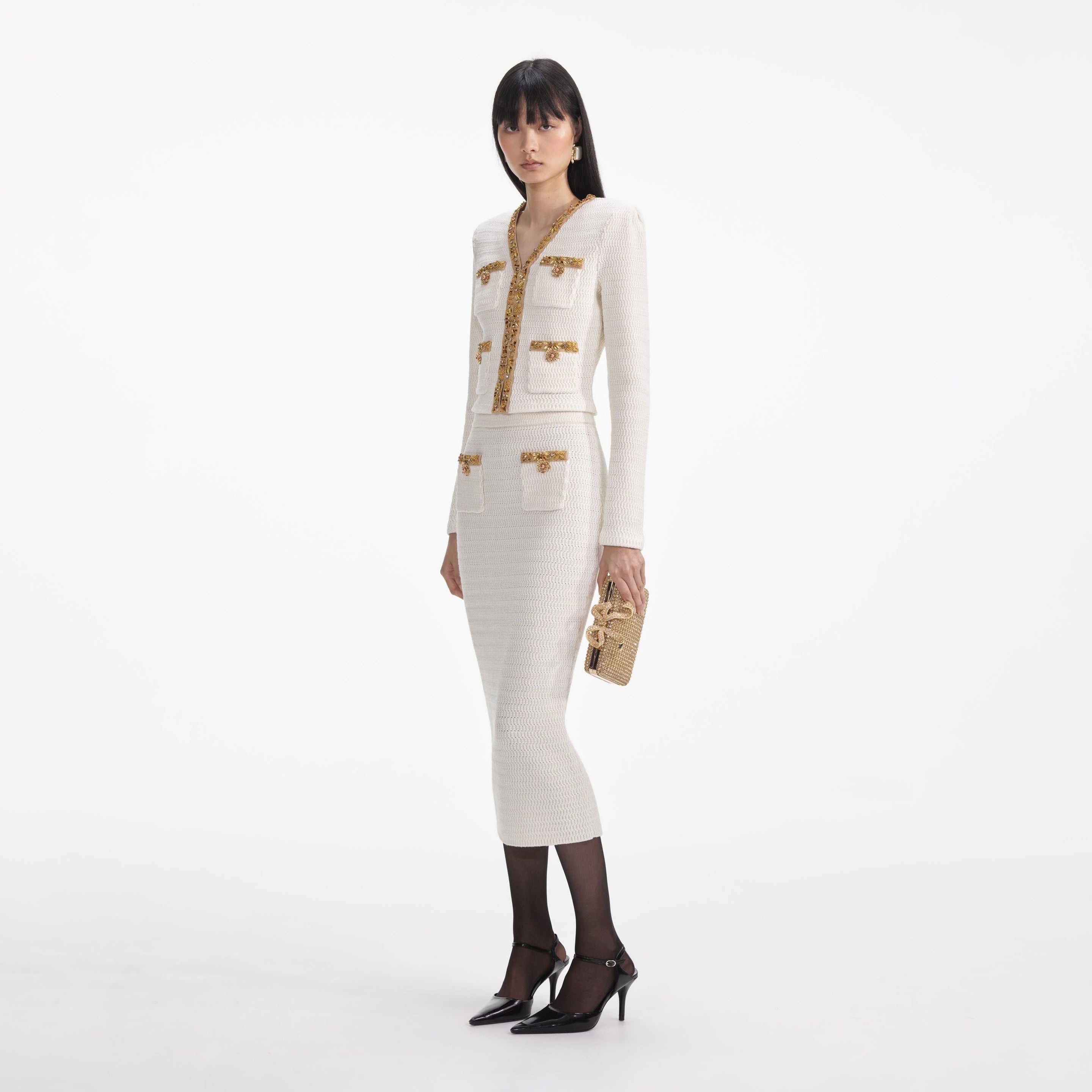 Cream Lurex Knit Midi Skirt - 2
