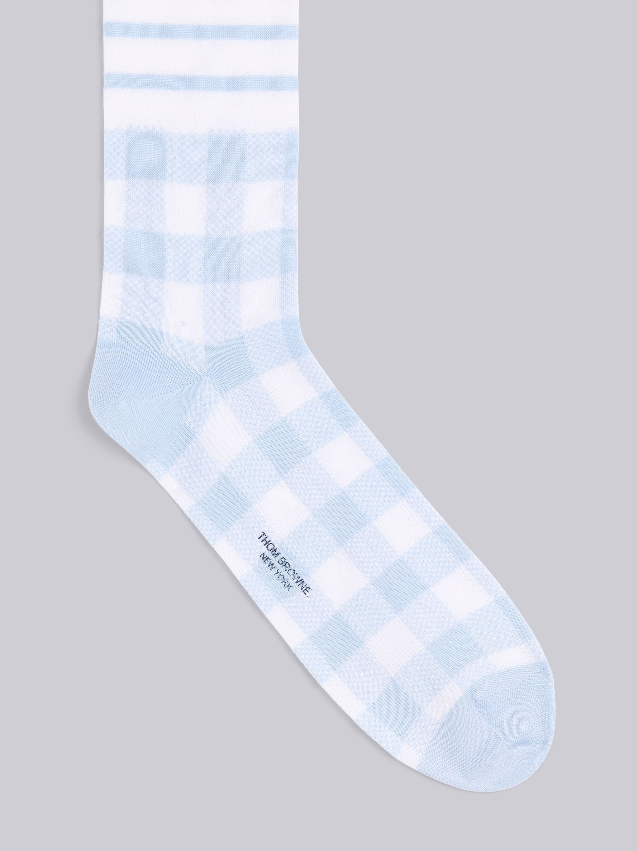 Light Blue Mercerized Cotton Gingham Jacquard Mid-calf Socks - 2