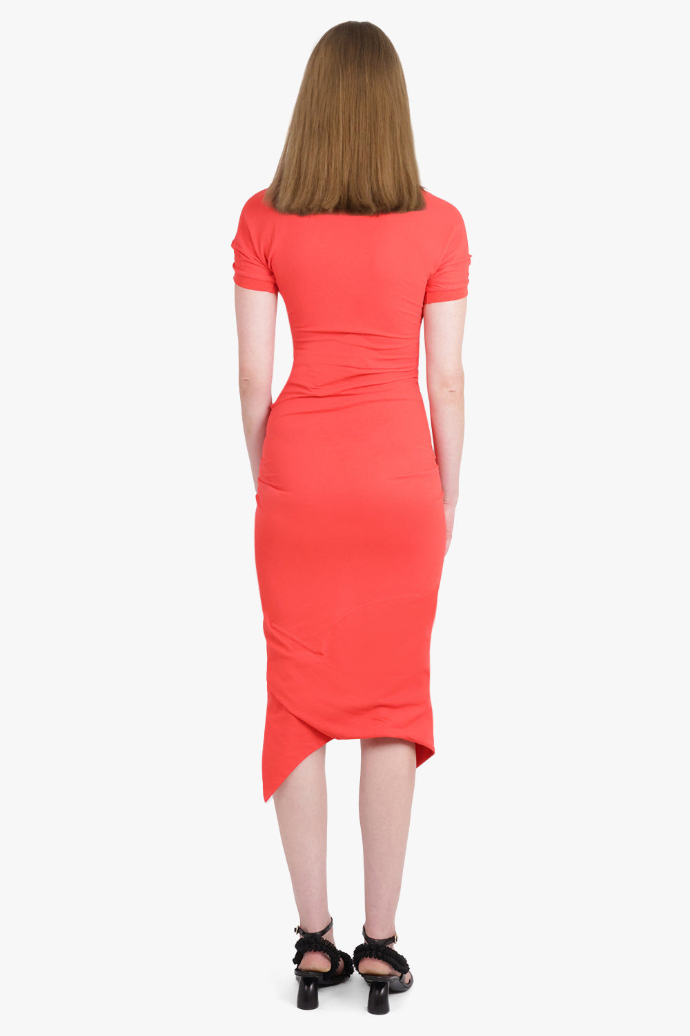 PULLING RUCHED S/S POLO V-HEM MIDI DRESS | RED - 4