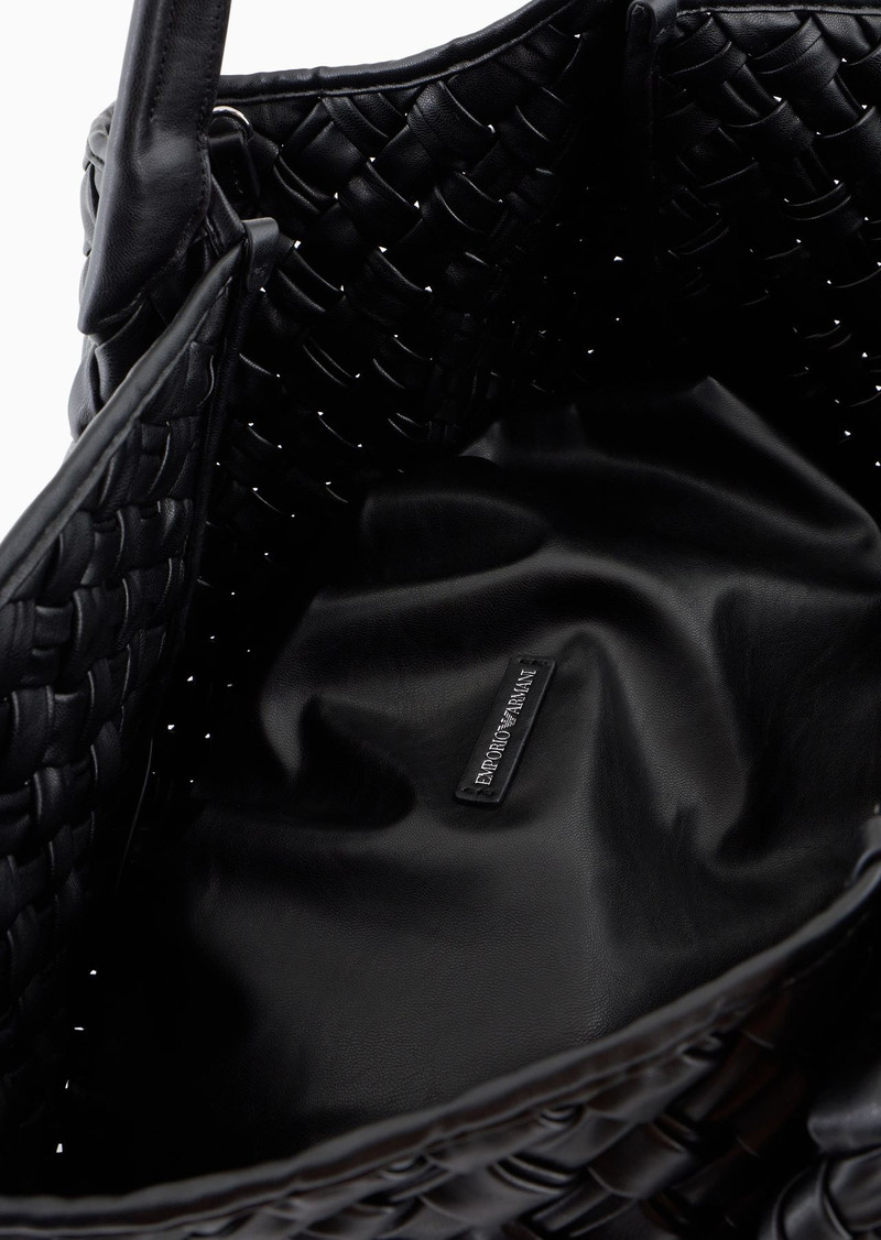 Oversized nappa leather-effect interwoven shopper bag with logo charm 4