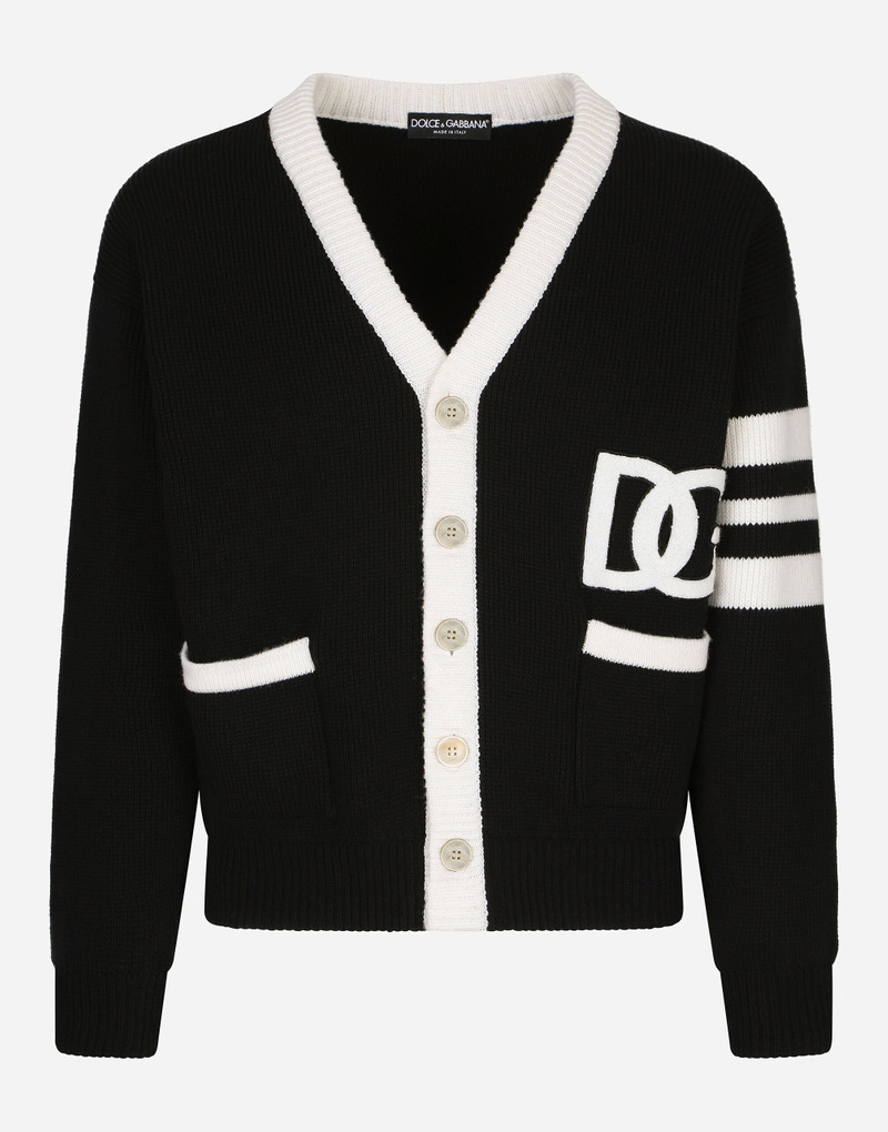 Wool fisherman’s rib cardigan with DG logo 1