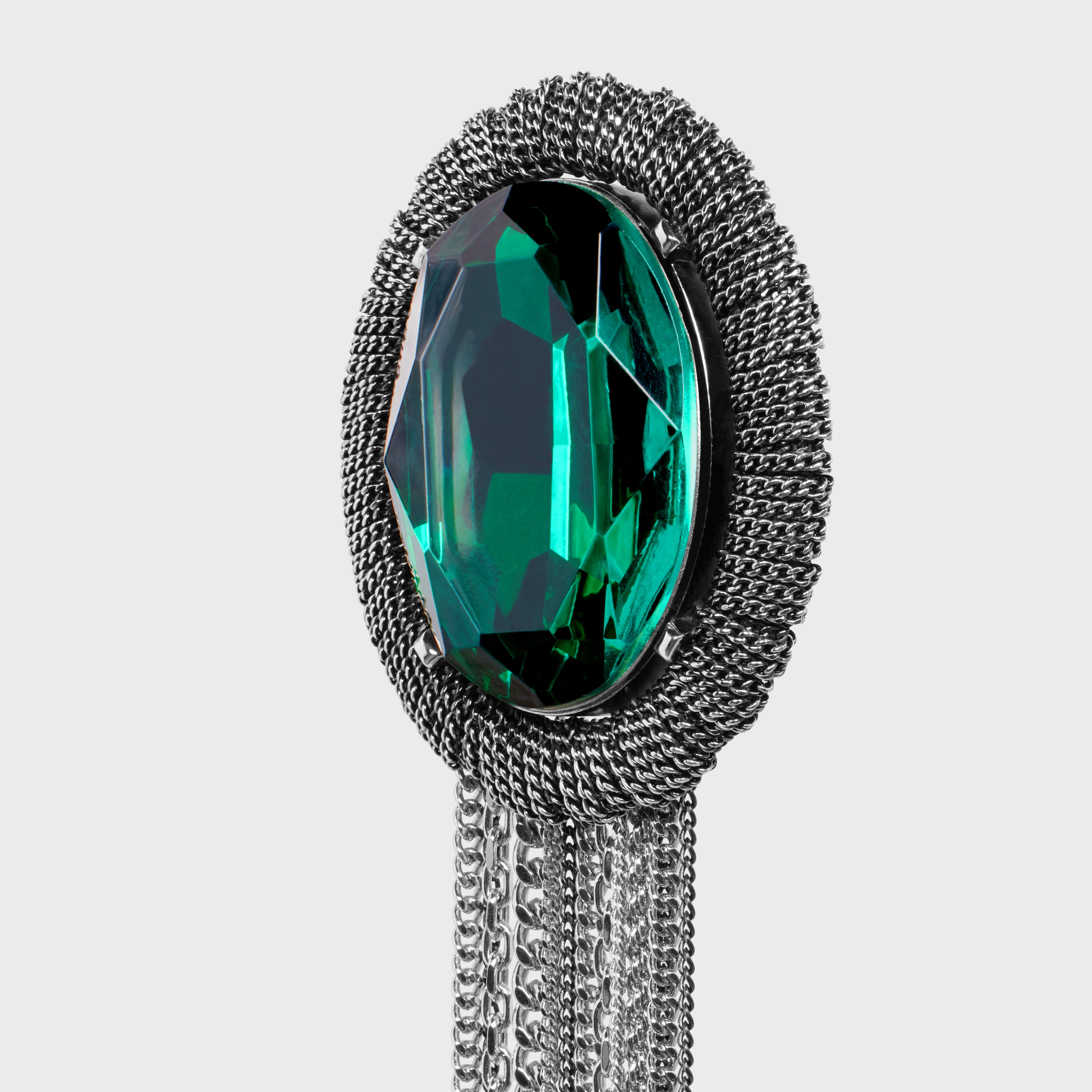 Les Pierres Celine Oval Brooch in Brass with Rhodium Finish and Green Strass - 4