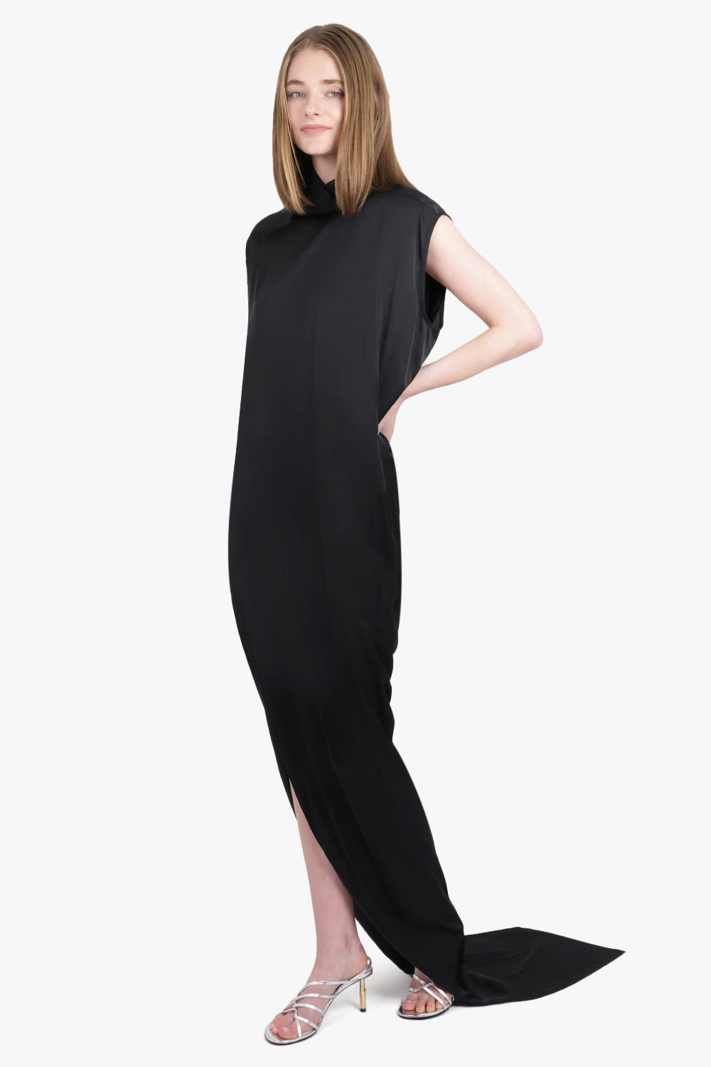 ABITO S/S EDFU T MAXI SPLIT SILKY DRESS | BLACK - 2