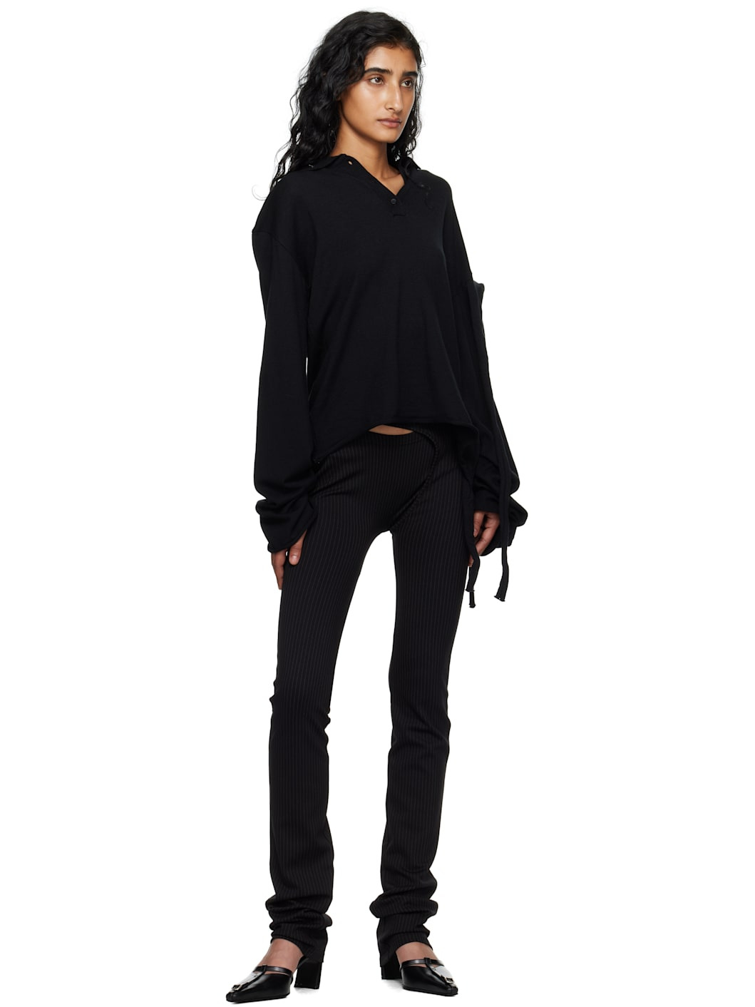 Black Deconstructed Knit Longsleeve Polo - 4