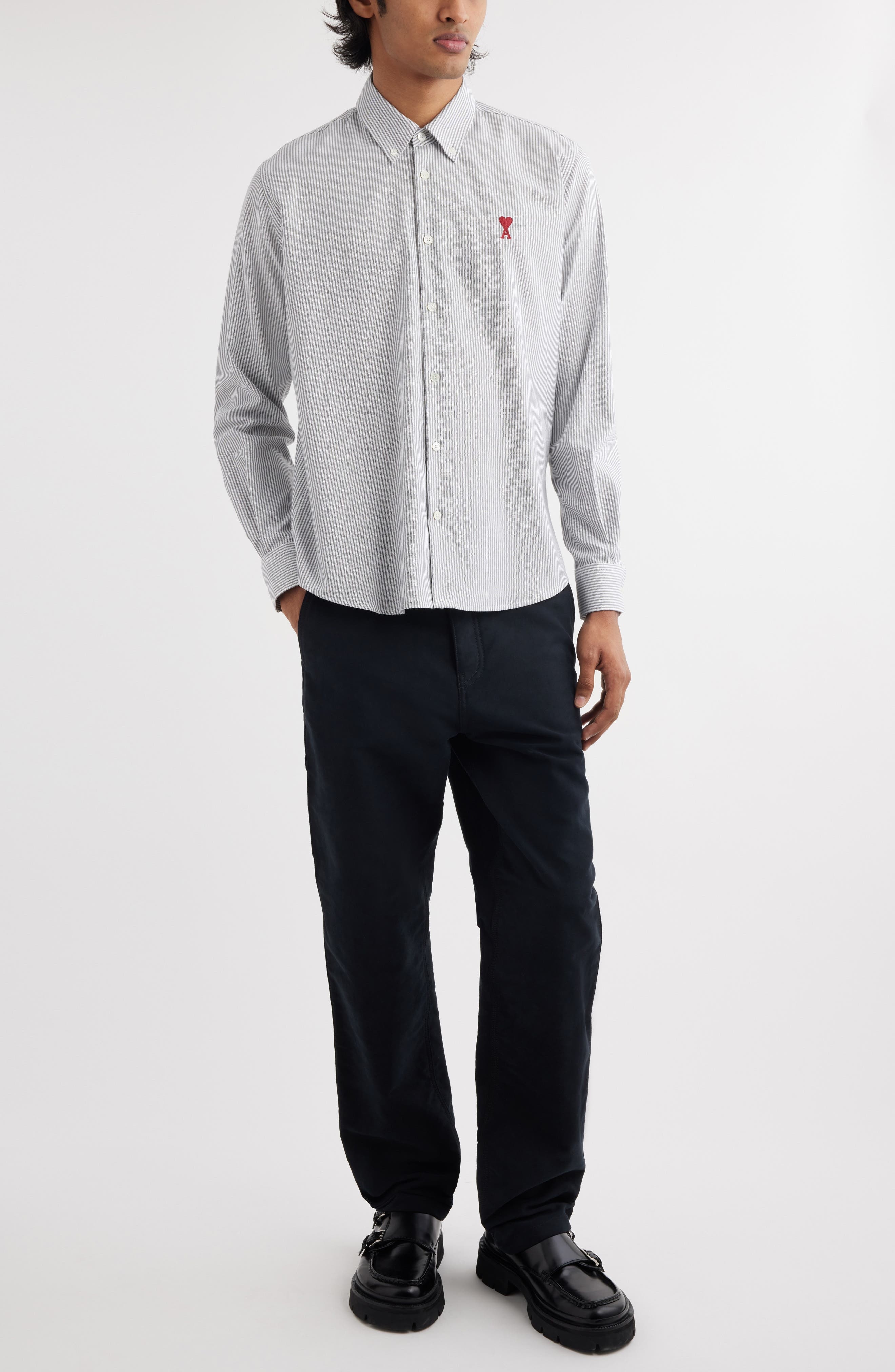 AMI PARIS Ami de Coeur Stripe Cotton Oxford Button-Down Shirt in Black/natural White/039 at Nordstro - 2