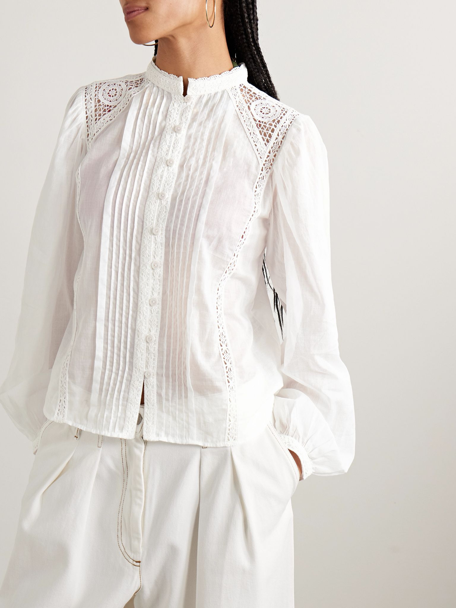 Greicy guipure lace-trimmed pintucked cotton-voile shirt White - 3