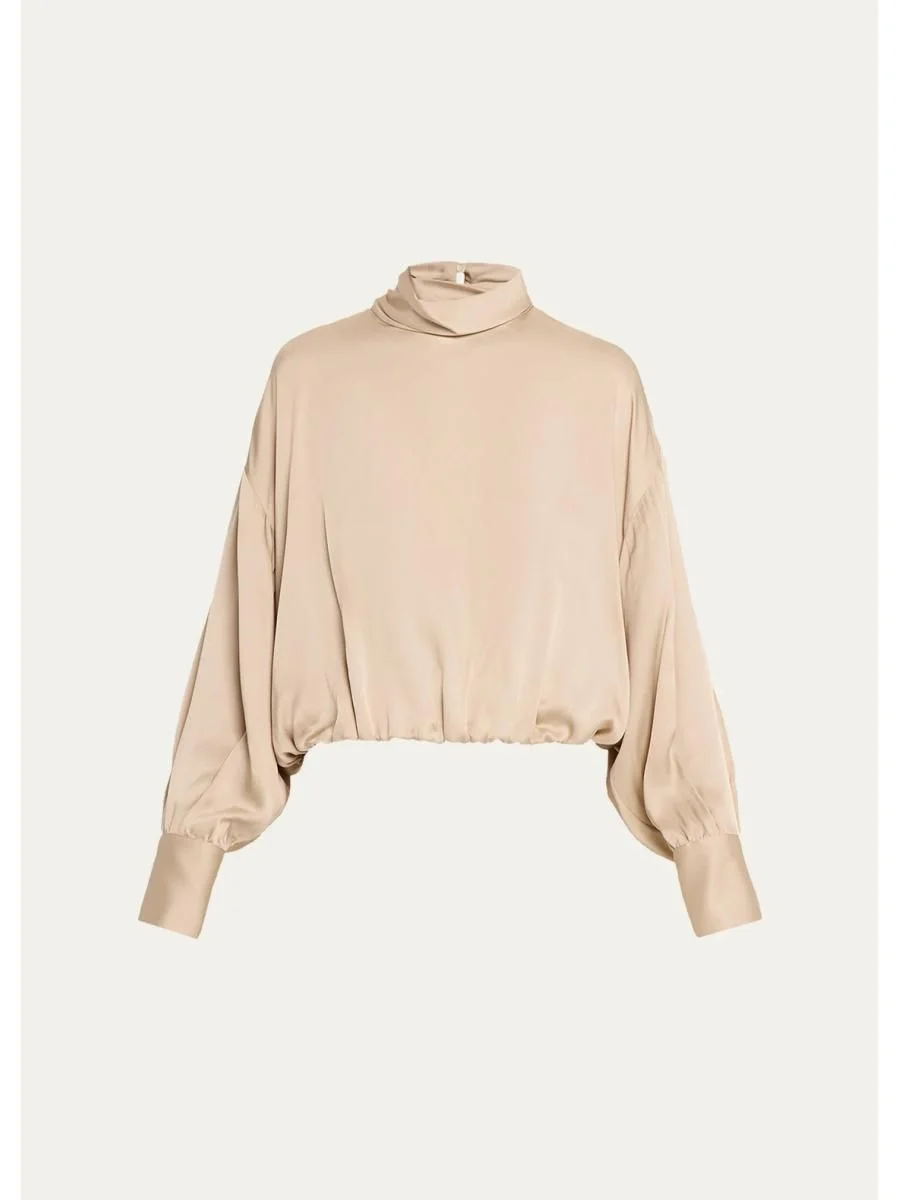 Fluid Silk Satin Long-Sleeve Bubble Blouse - 1